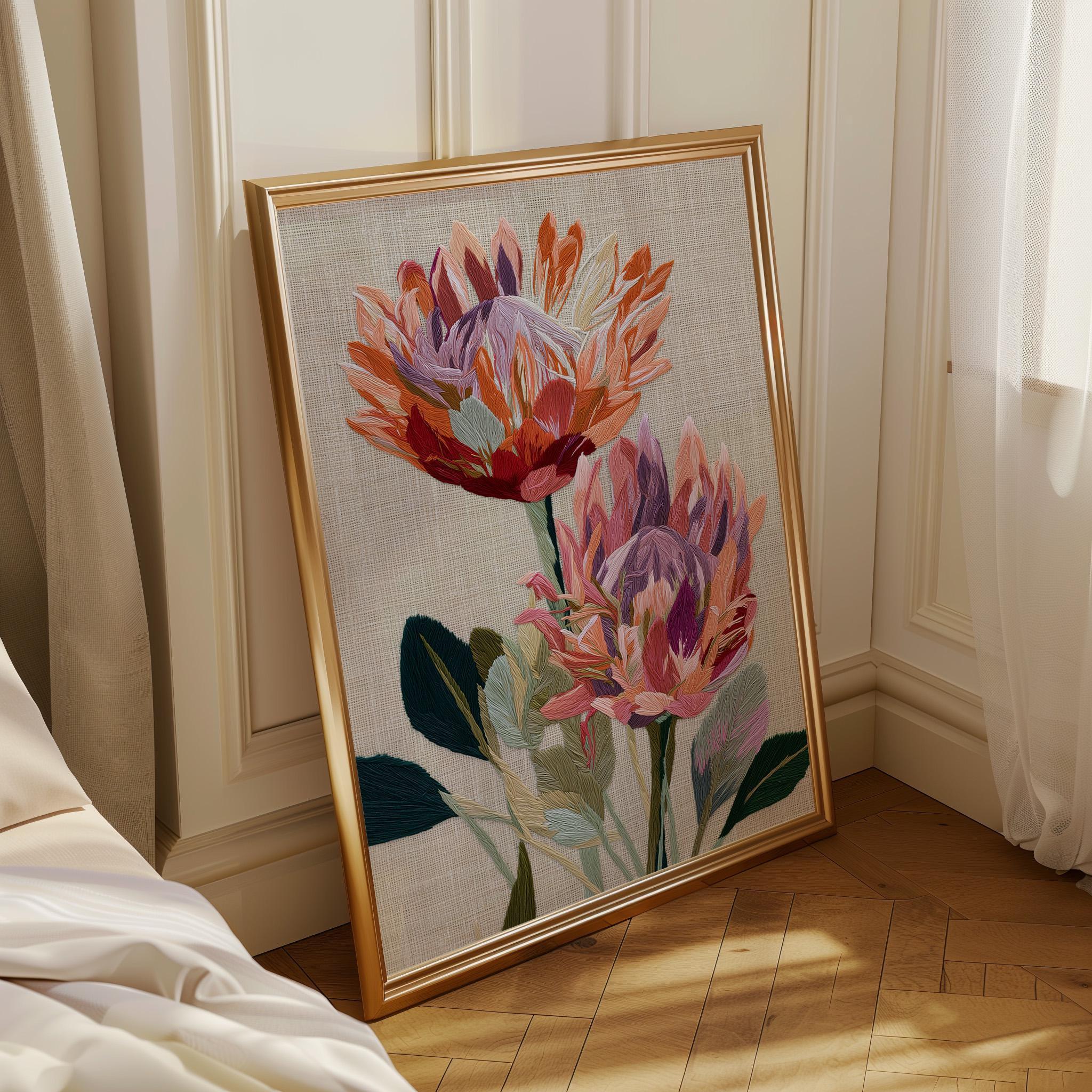 Protea Flower Wall Art, Embroidered Botanical Print, Pink Protea Poster, Modern Floral Decor, Textured Botanical Artwork (...
