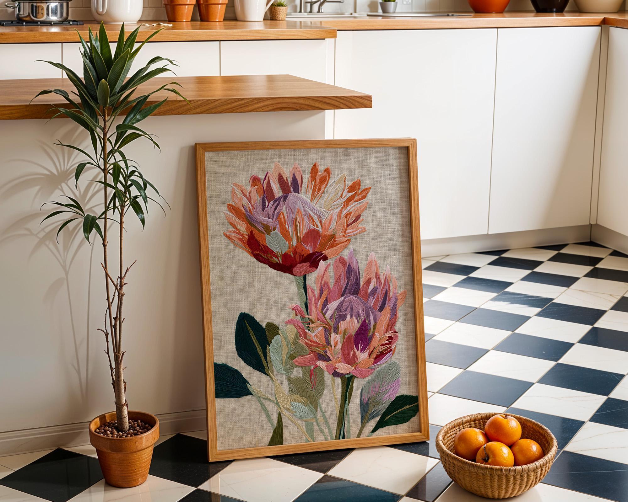 Protea Flower Wall Art, Embroidered Botanical Print, Pink Protea Poster, Modern Floral Decor, Textured Botanical Artwork (...