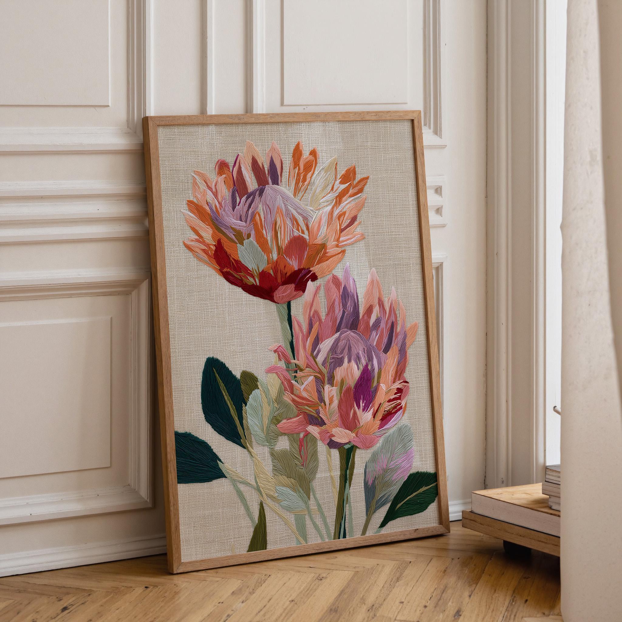 Protea Flower Wall Art, Embroidered Botanical Print, Pink Protea Poster, Modern Floral Decor, Textured Botanical Artwork (...