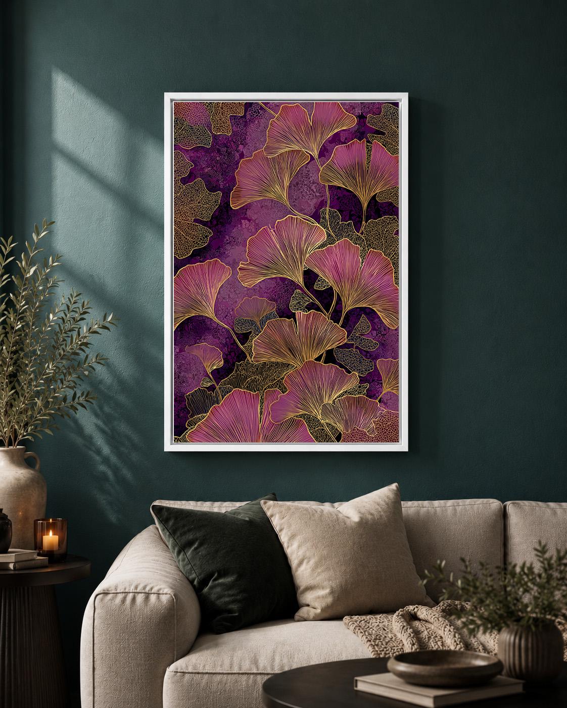 Purple Ginkgo Leaf Framed Canvas, Dark Botanical Framed Canvas Print, Moody Floral Decor by The Wall Art Studio - physical