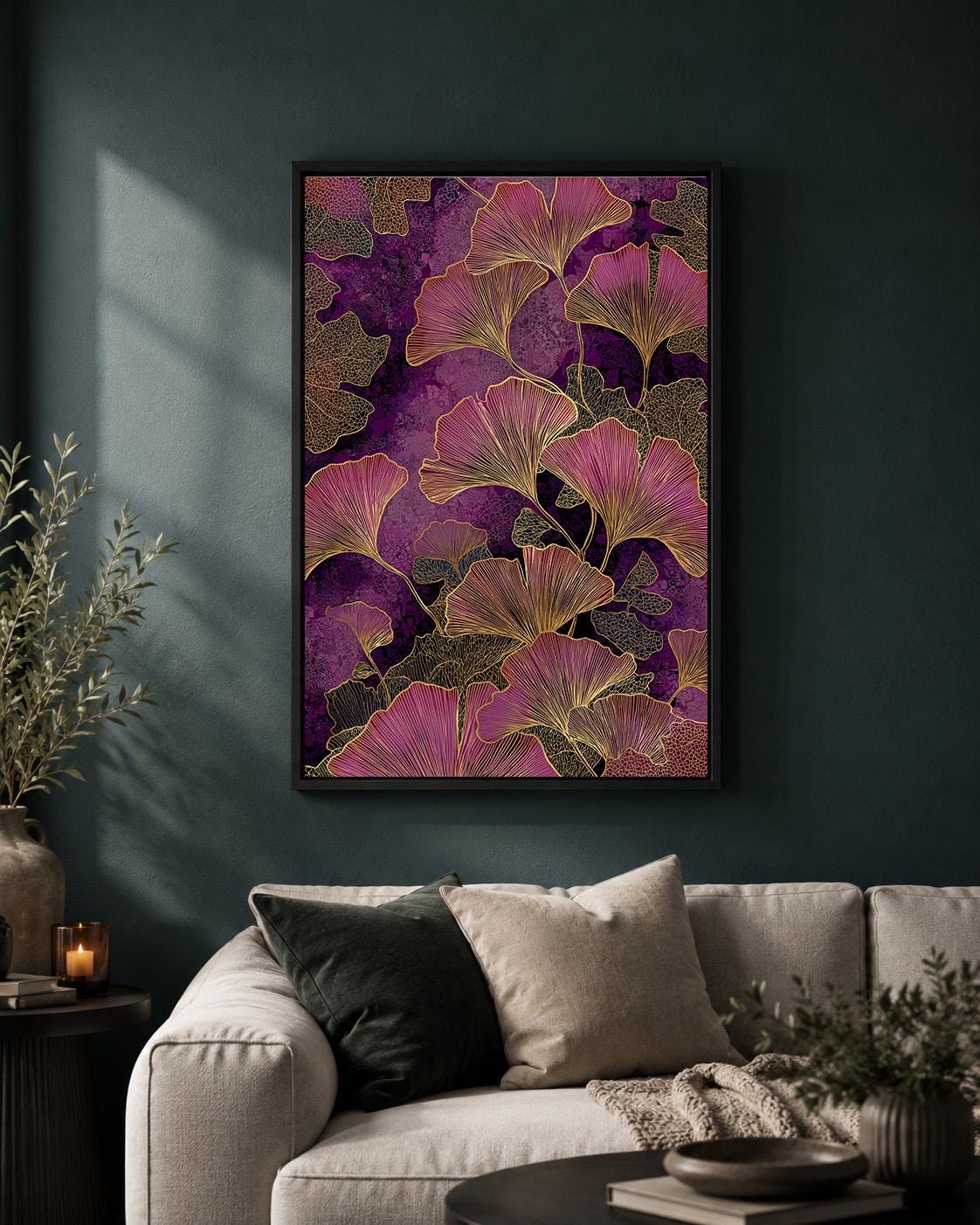 Purple Ginkgo Leaf Framed Canvas, Dark Botanical Framed Canvas Print, Moody Floral Decor by The Wall Art Studio - physical
