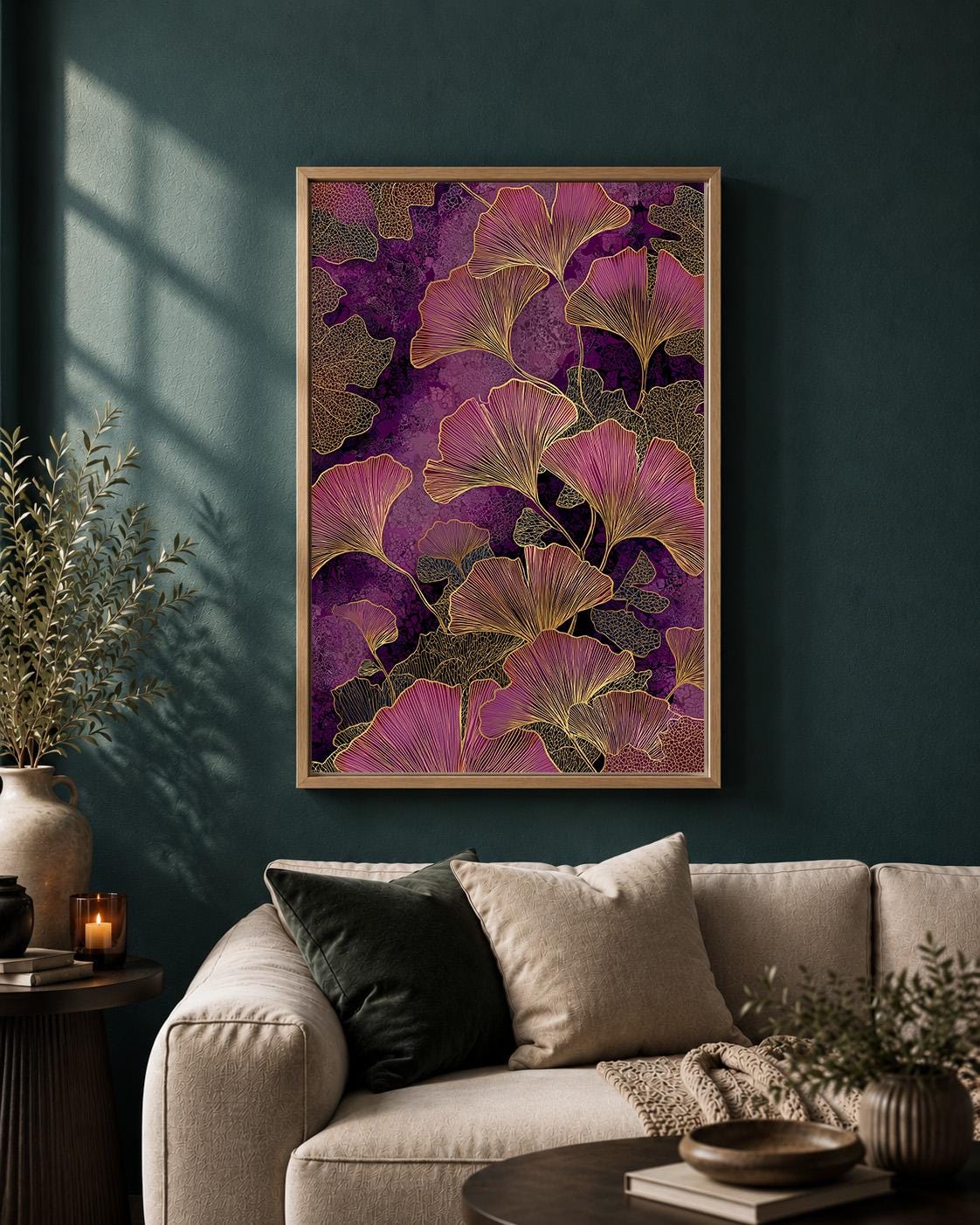 Purple Ginkgo Leaf Framed Canvas, Dark Botanical Framed Canvas Print, Moody Floral Decor by The Wall Art Studio - physical