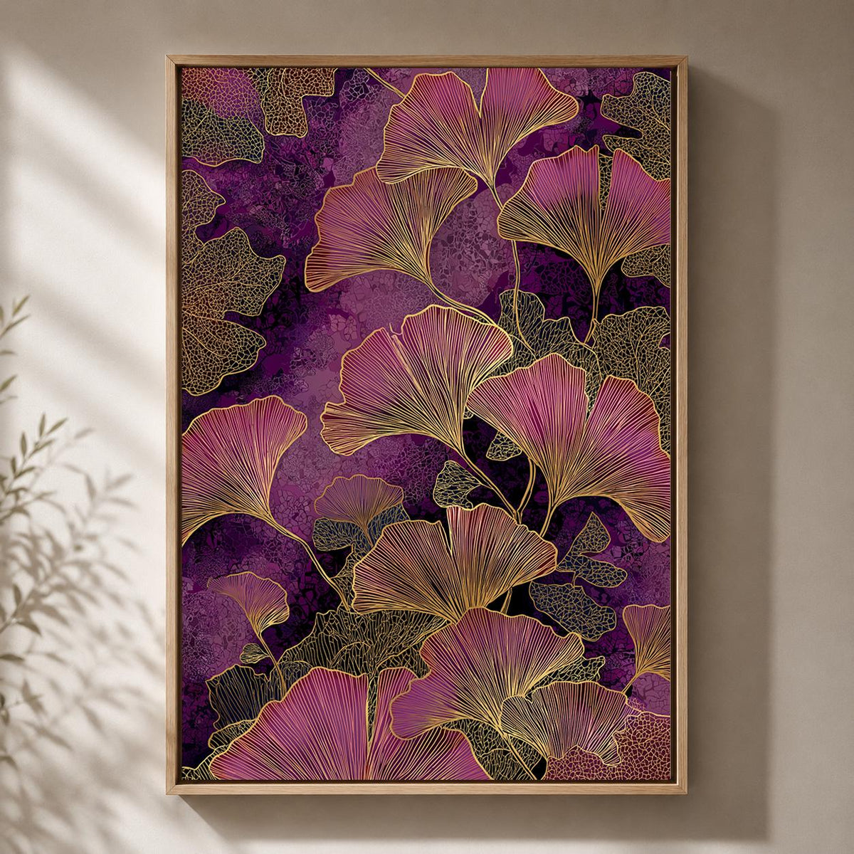 Purple Ginkgo Leaf Framed Canvas, Dark Botanical Framed Canvas Print, Moody Floral Decor by The Wall Art Studio - physical