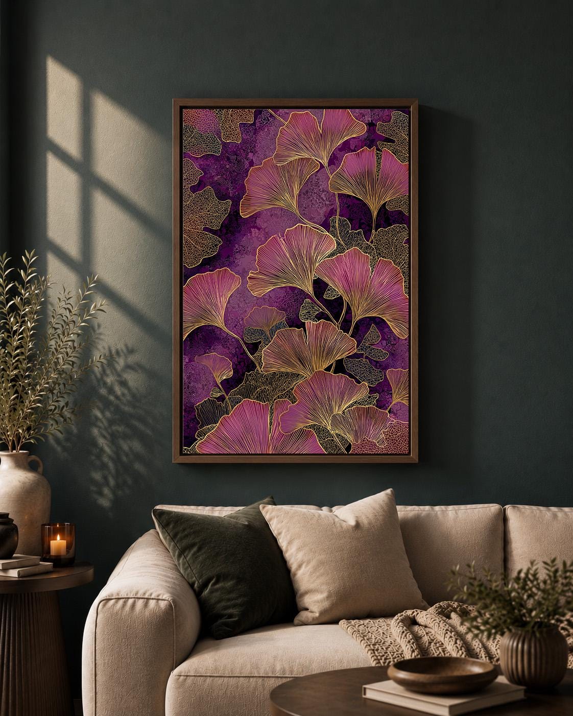 Purple Ginkgo Leaf Framed Canvas, Dark Botanical Framed Canvas Print, Moody Floral Decor by The Wall Art Studio - physical