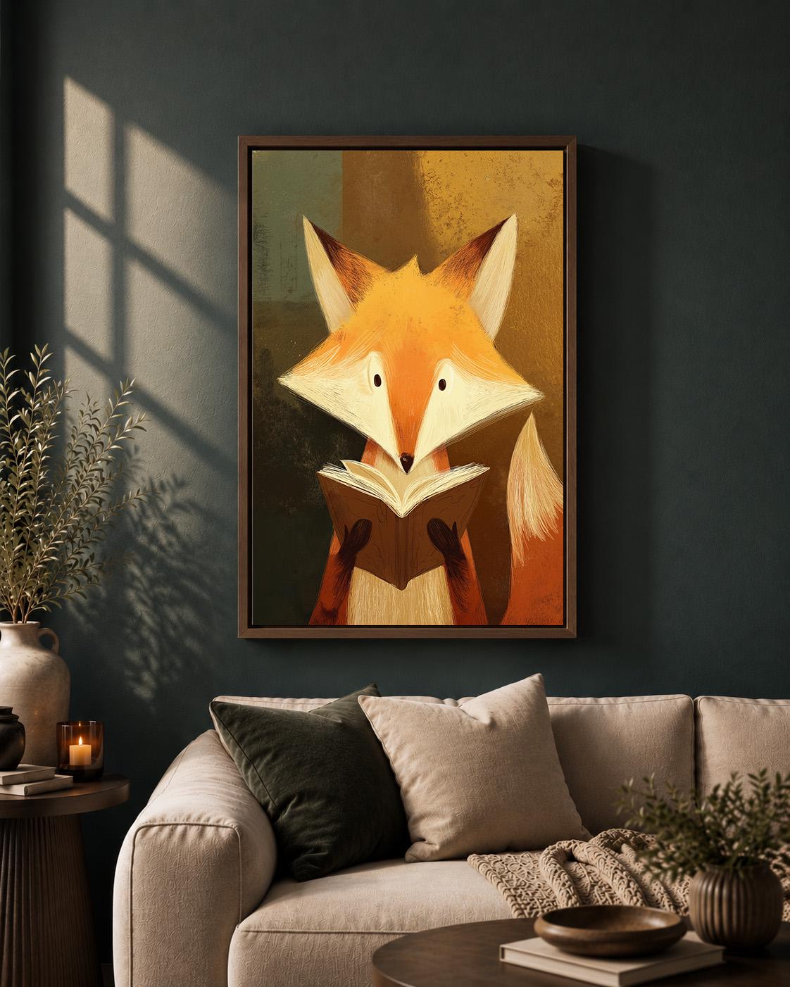 Reading Fox Framed Canvas Wall Art, Cute Woodland Animal Framed Canvas, Nursery Decor, Forest Fox Illustration, Kids Room...