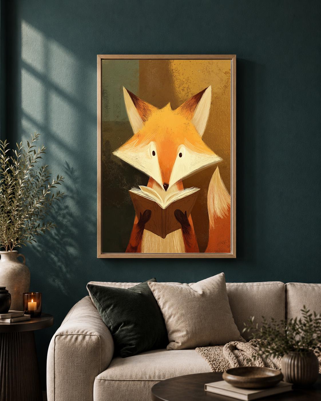 Reading Fox Framed Canvas Wall Art, Cute Woodland Animal Framed Canvas, Nursery Decor, Forest Fox Illustration, Kids Room...
