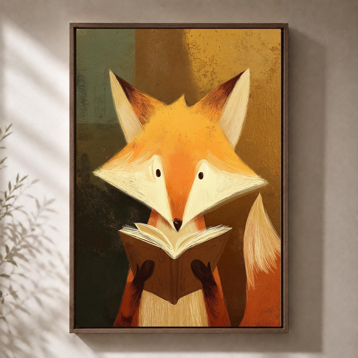 Reading Fox Framed Canvas Wall Art, Cute Woodland Animal Framed Canvas, Nursery Decor, Forest Fox Illustration, Kids Room...