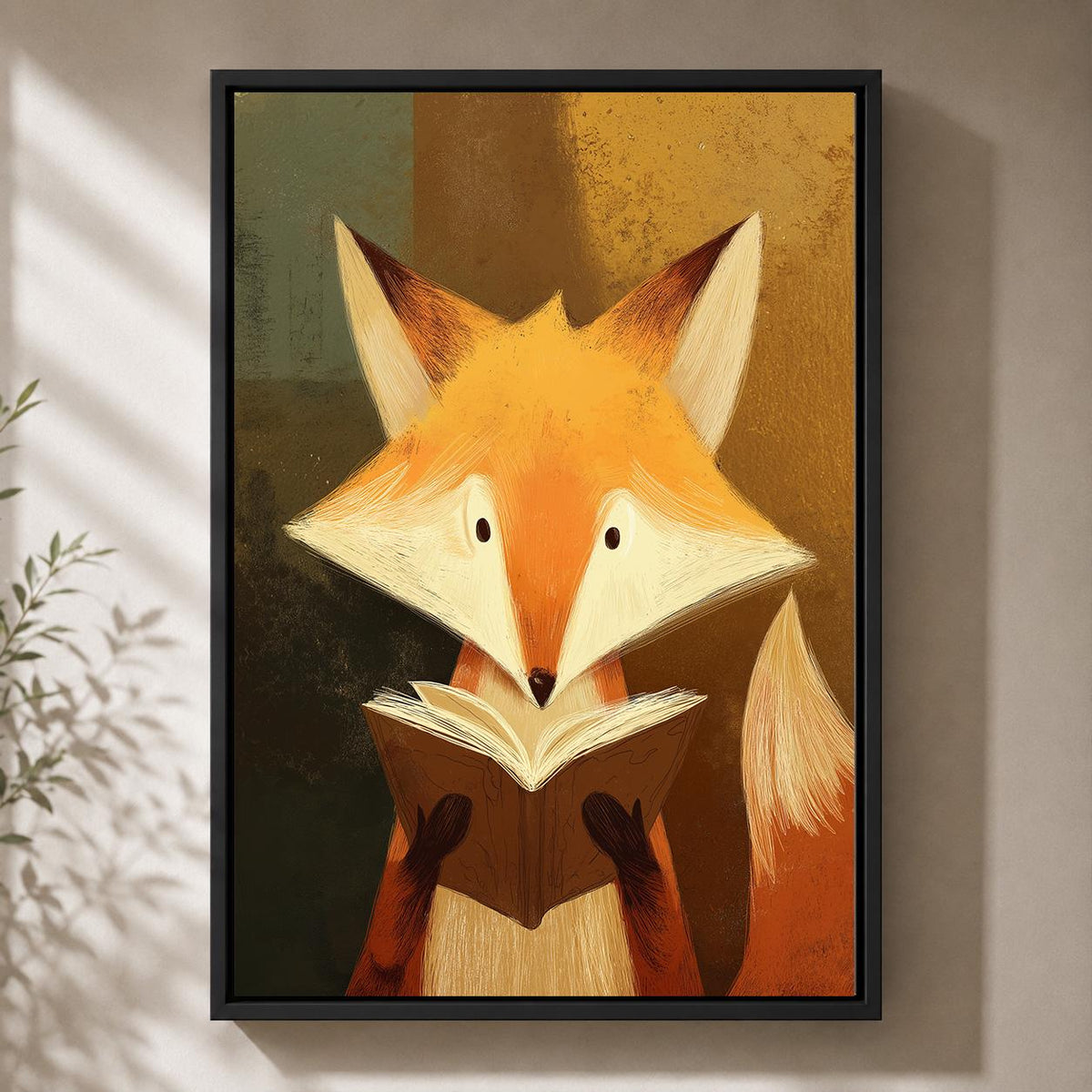 Reading Fox Framed Canvas Wall Art, Cute Woodland Animal Framed Canvas, Nursery Decor, Forest Fox Illustration, Kids Room...