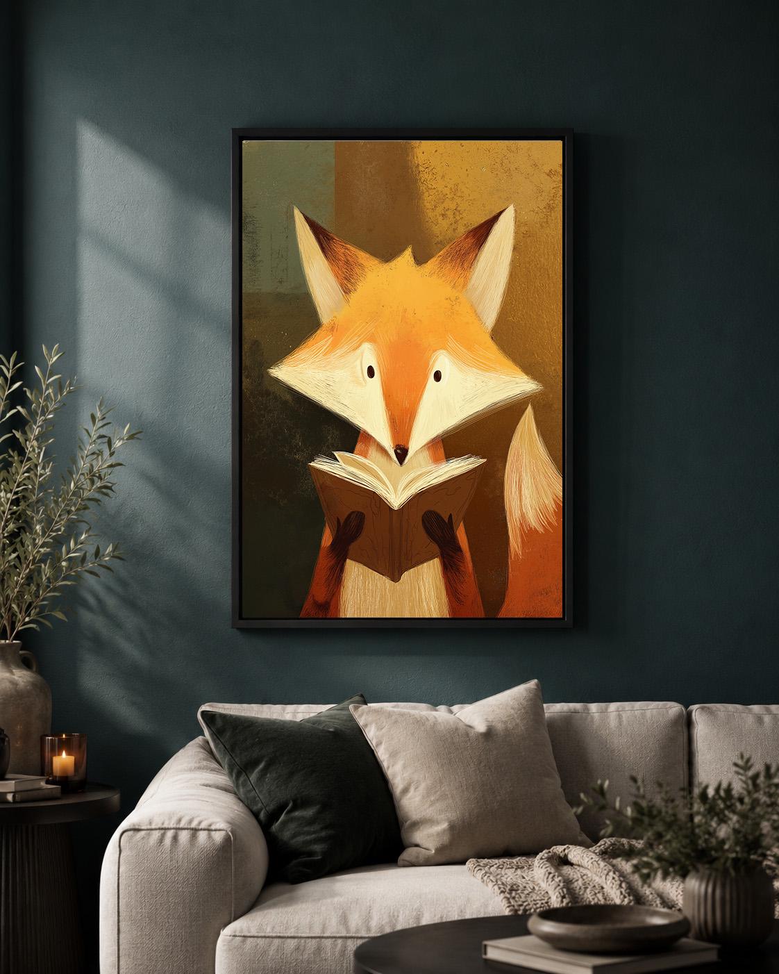 Reading Fox Framed Canvas Wall Art, Cute Woodland Animal Framed Canvas, Nursery Decor, Forest Fox Illustration, Kids Room...