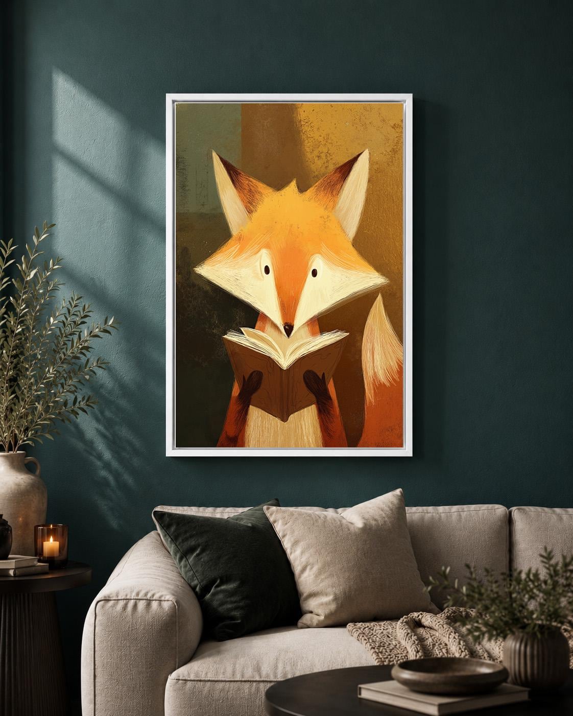 Reading Fox Framed Canvas Wall Art, Cute Woodland Animal Framed Canvas, Nursery Decor, Forest Fox Illustration, Kids Room...