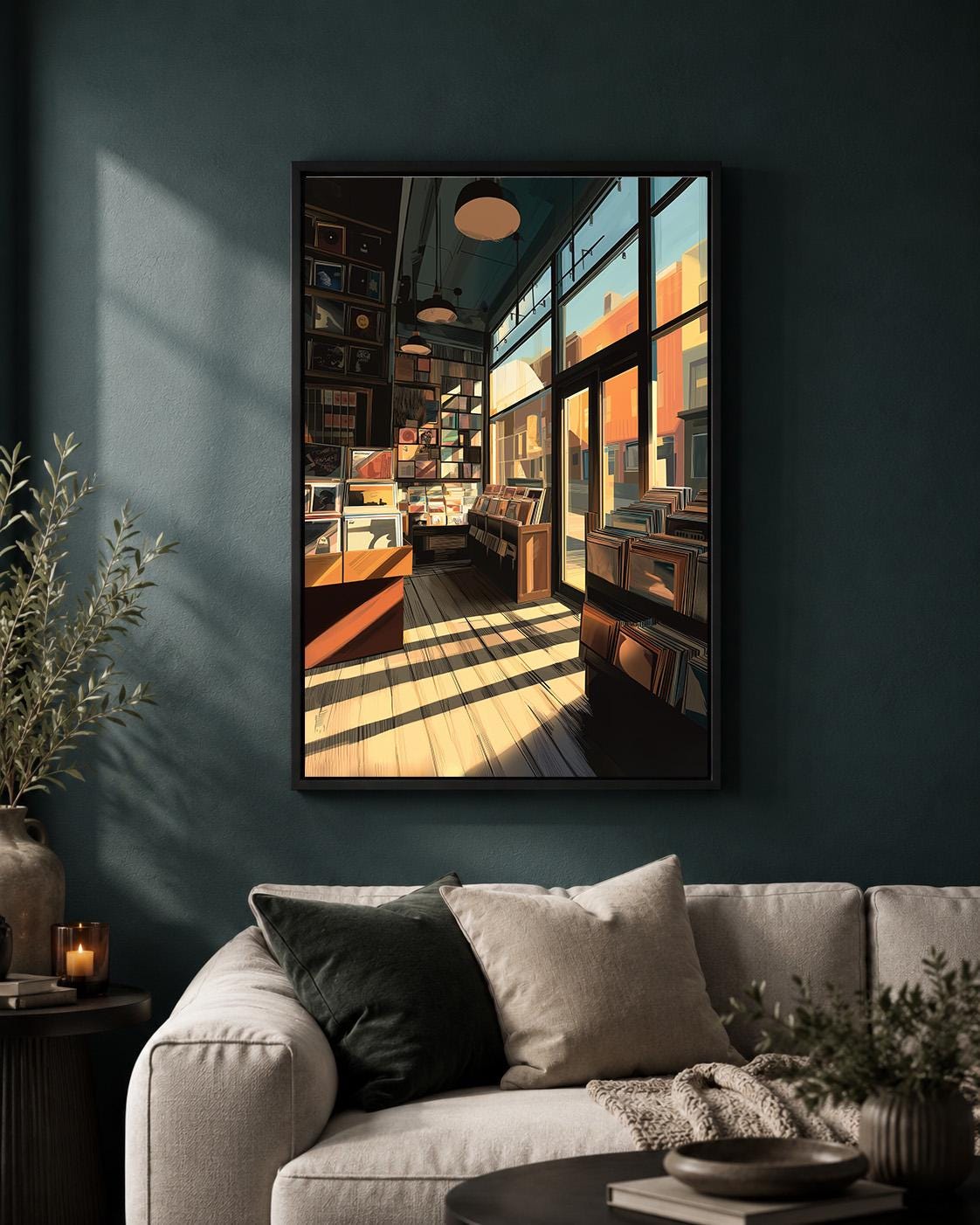 Record Store Framed Canvas Art, Vinyl Shop Interior Print, Music Lover Decor, Retro Artwork by The Wall Art Studio - physical