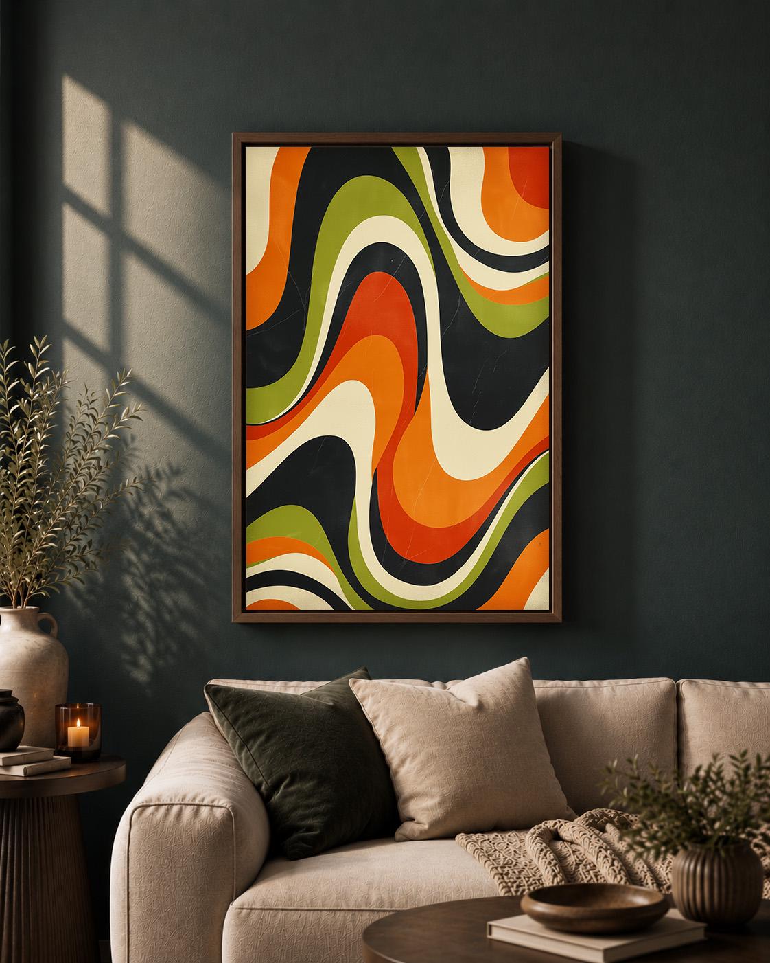 Retro Abstract Framed Canvas, Mid Century Modern Wall Art, 70s Wavy Stripe Decor by The Wall Art Studio - physical