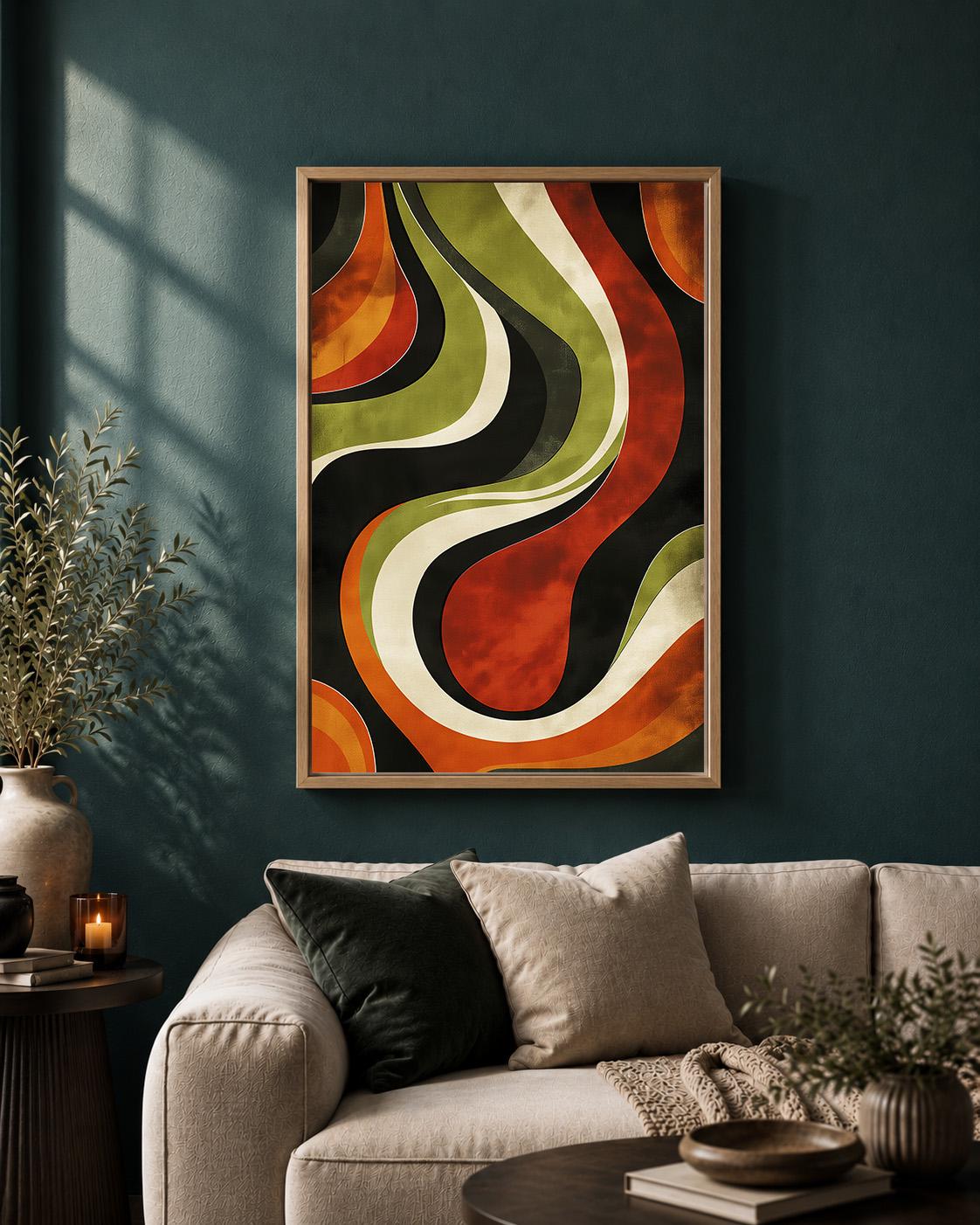 Retro Abstract Framed Canvas, Mid Century Modern Wall Art, 70s Wavy Stripe Decor by The Wall Art Studio - physical