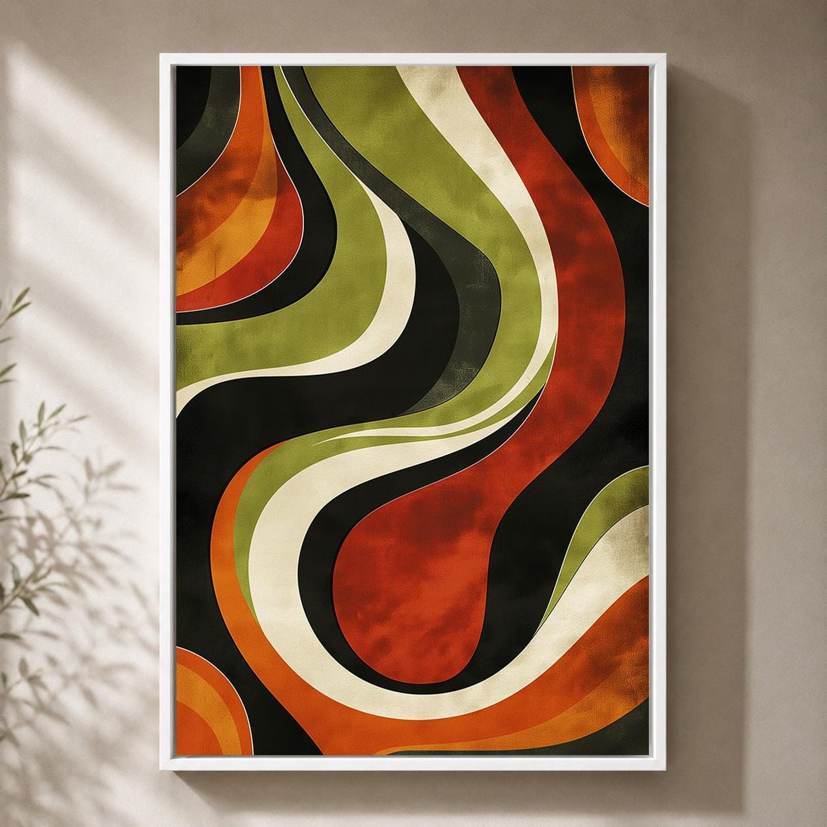 Retro Abstract Framed Canvas, Mid Century Modern Wall Art, 70s Wavy Stripe Decor by The Wall Art Studio - physical