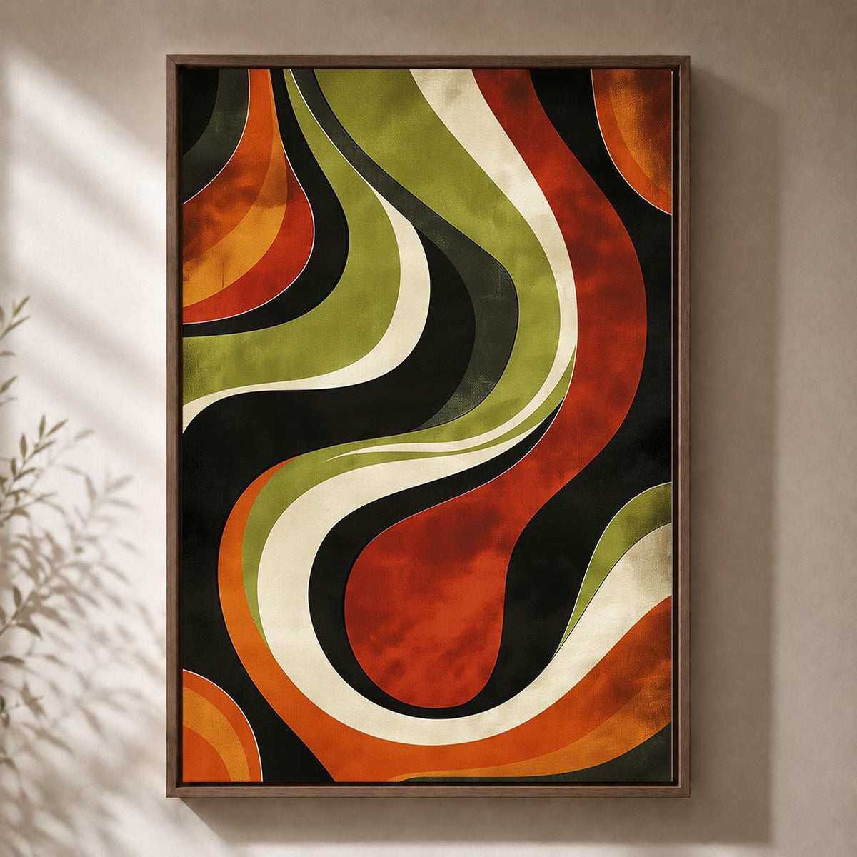 Retro Abstract Framed Canvas, Mid Century Modern Wall Art, 70s Wavy Stripe Decor by The Wall Art Studio - physical