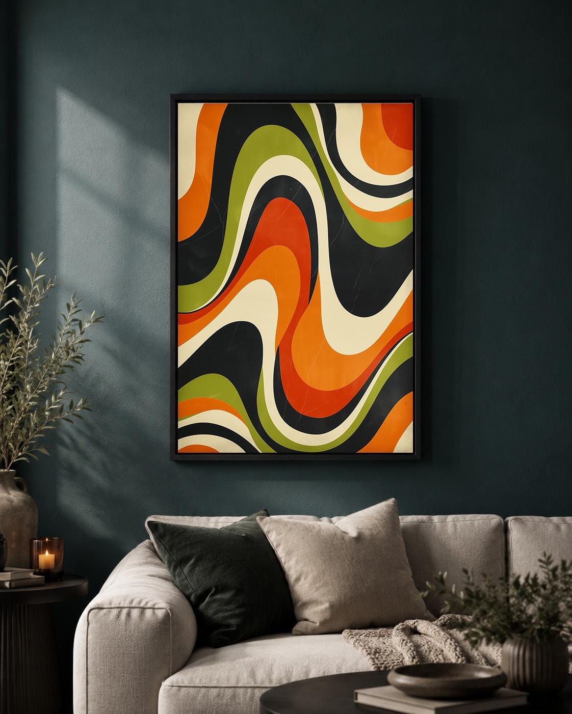 Retro Abstract Framed Canvas, Mid Century Modern Wall Art, 70s Wavy Stripe Decor by The Wall Art Studio - physical