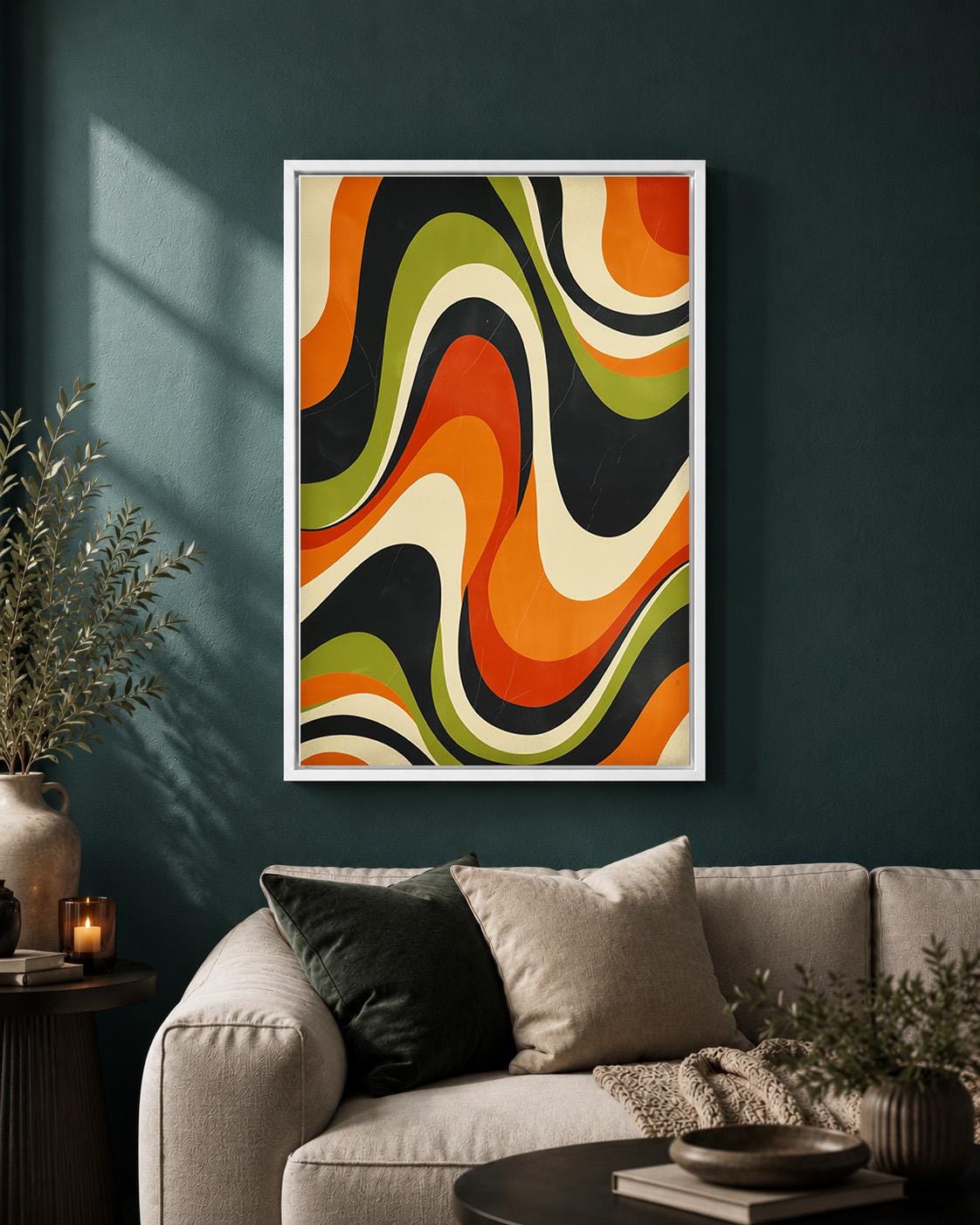 Retro Abstract Framed Canvas, Mid Century Modern Wall Art, 70s Wavy Stripe Decor by The Wall Art Studio - physical
