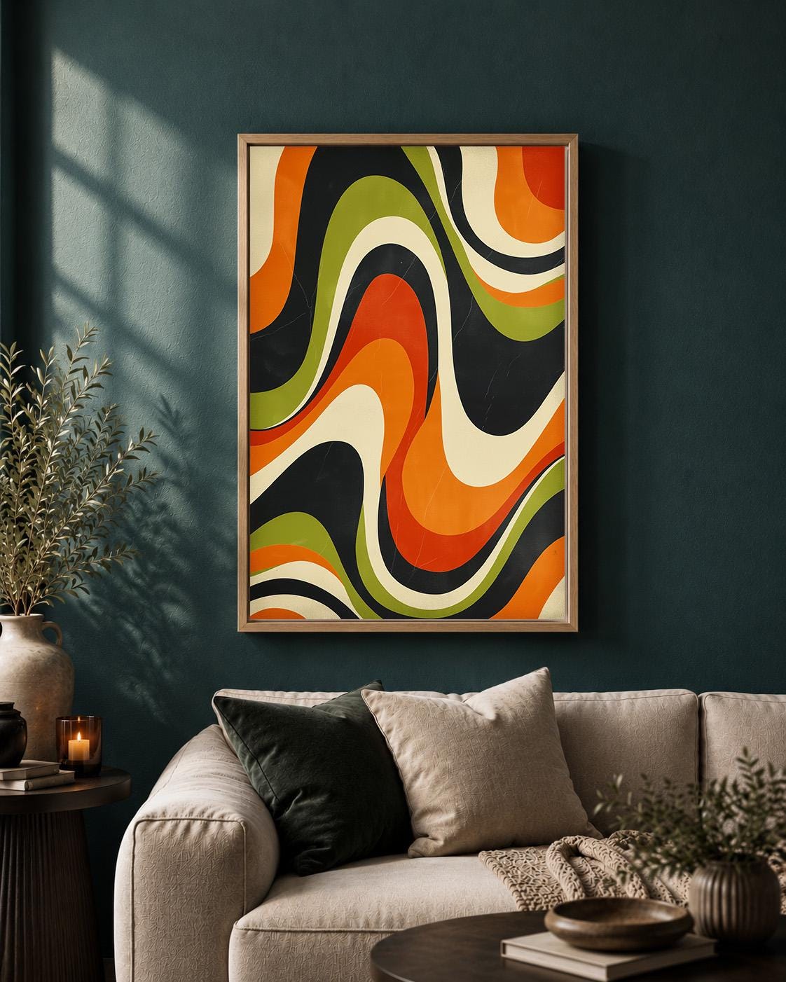 Retro Abstract Framed Canvas, Mid Century Modern Wall Art, 70s Wavy Stripe Decor by The Wall Art Studio - physical