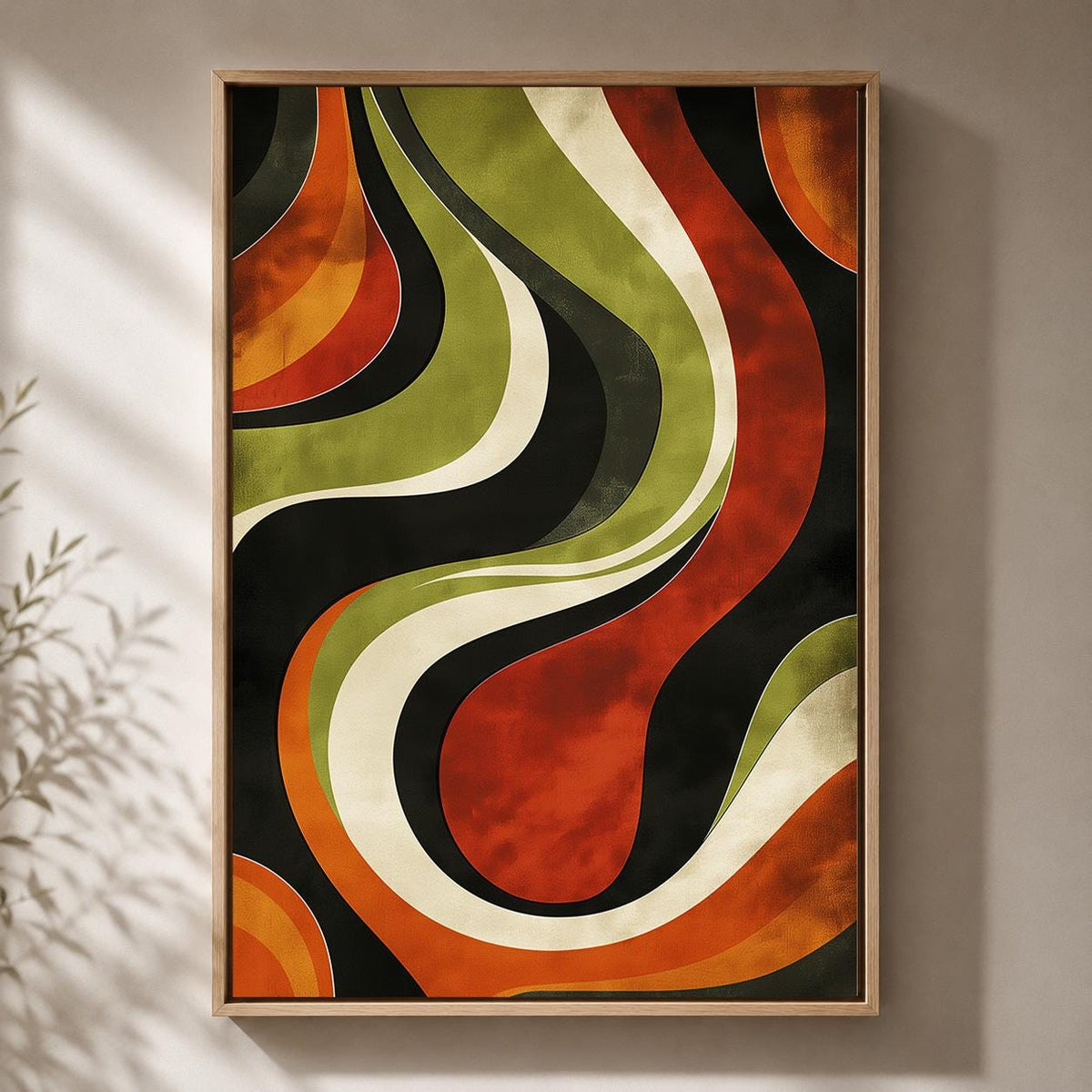 Retro Abstract Framed Canvas, Mid Century Modern Wall Art, 70s Wavy Stripe Decor by The Wall Art Studio - physical