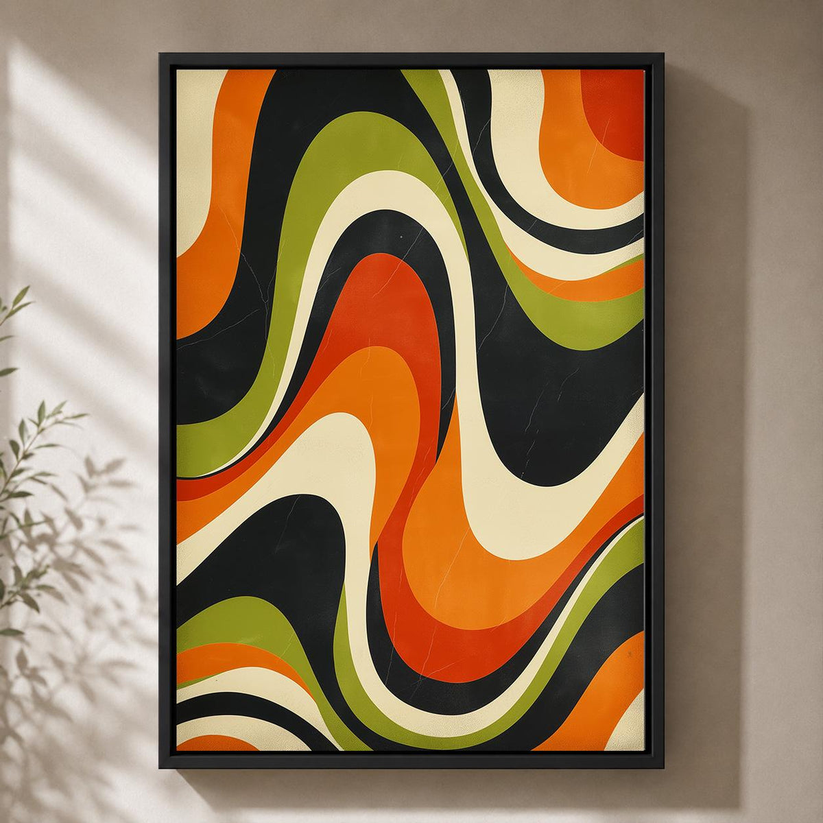 Retro Abstract Framed Canvas, Mid Century Modern Wall Art, 70s Wavy Stripe Decor by The Wall Art Studio - physical
