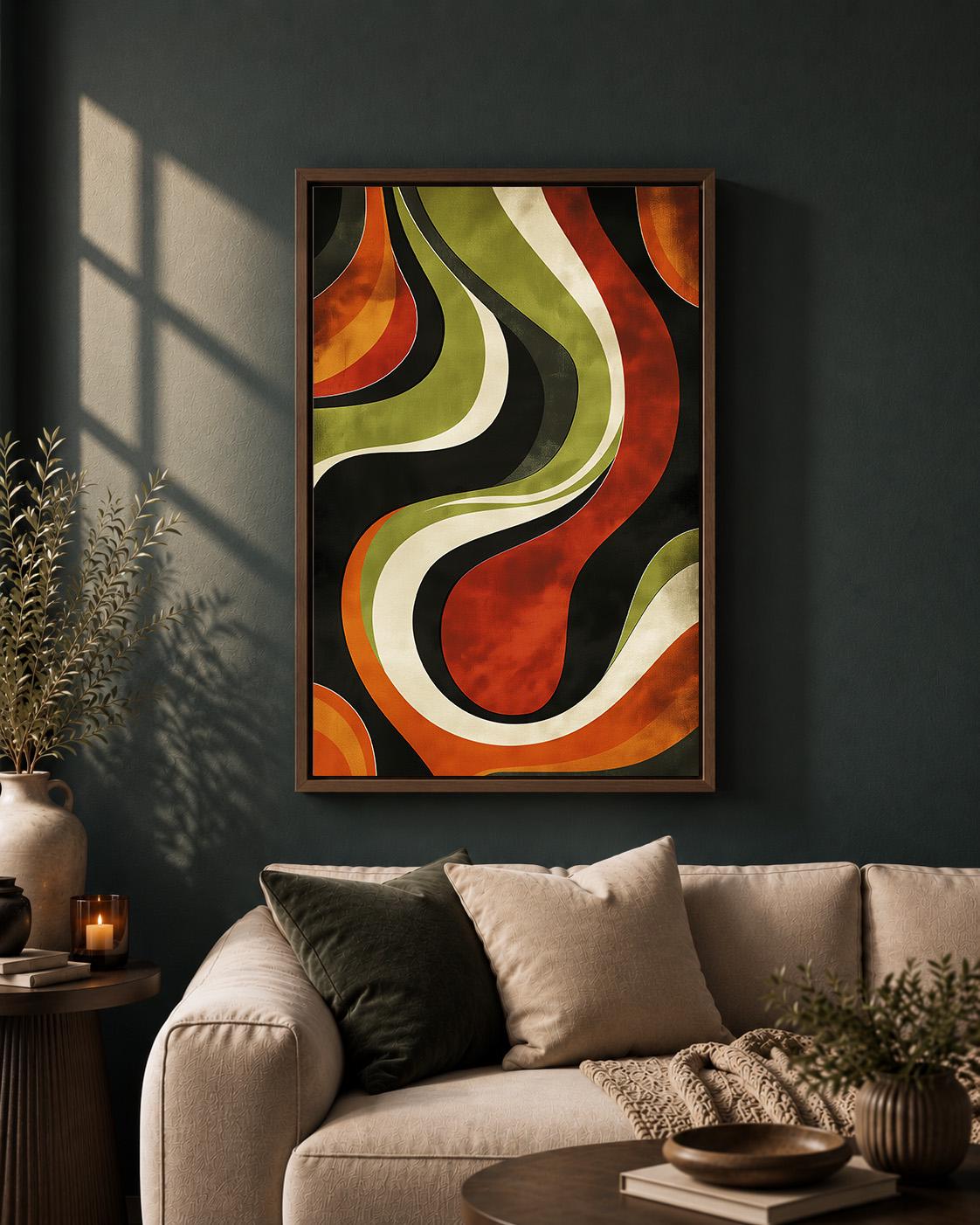 Retro Abstract Framed Canvas, Mid Century Modern Wall Art, 70s Wavy Stripe Decor by The Wall Art Studio - physical