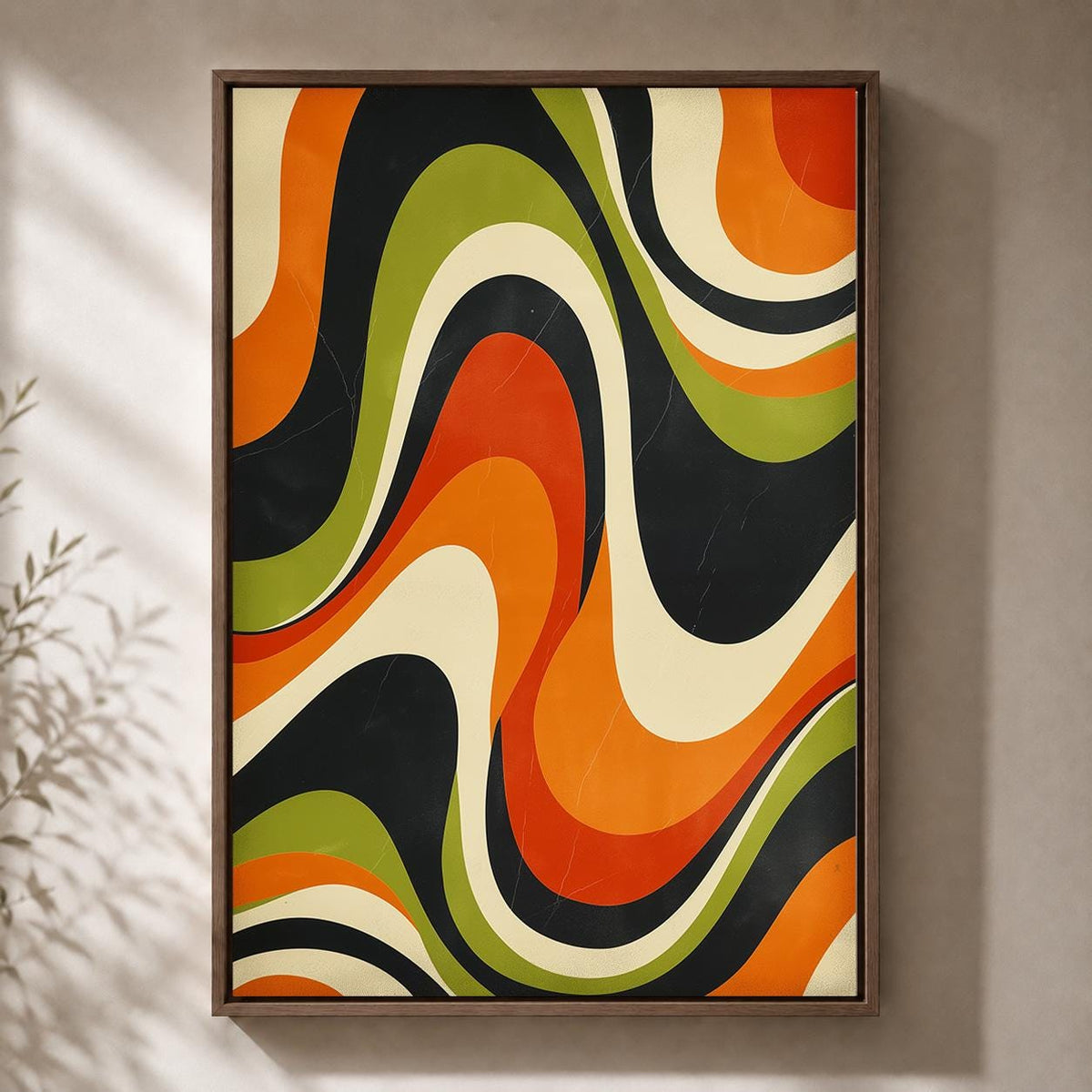 Retro Abstract Framed Canvas, Mid Century Modern Wall Art, 70s Wavy Stripe Decor by The Wall Art Studio - physical