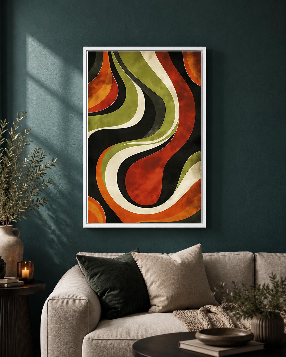 Retro Abstract Framed Canvas, Mid Century Modern Wall Art, 70s Wavy Stripe Decor by The Wall Art Studio - physical