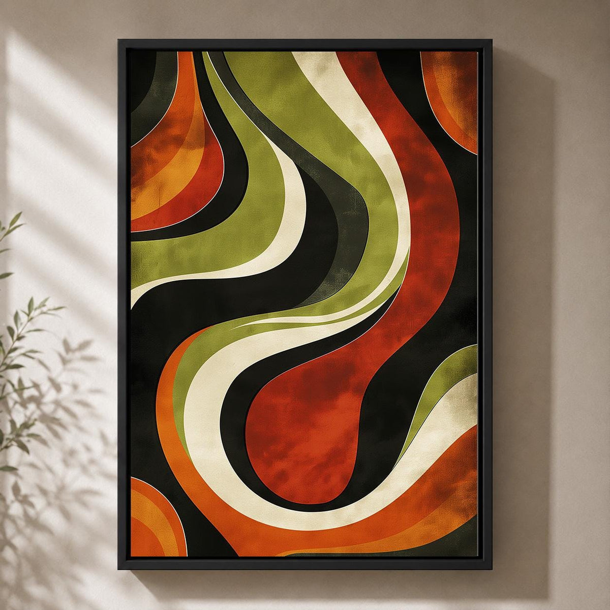 Retro Abstract Framed Canvas, Mid Century Modern Wall Art, 70s Wavy Stripe Decor by The Wall Art Studio - physical