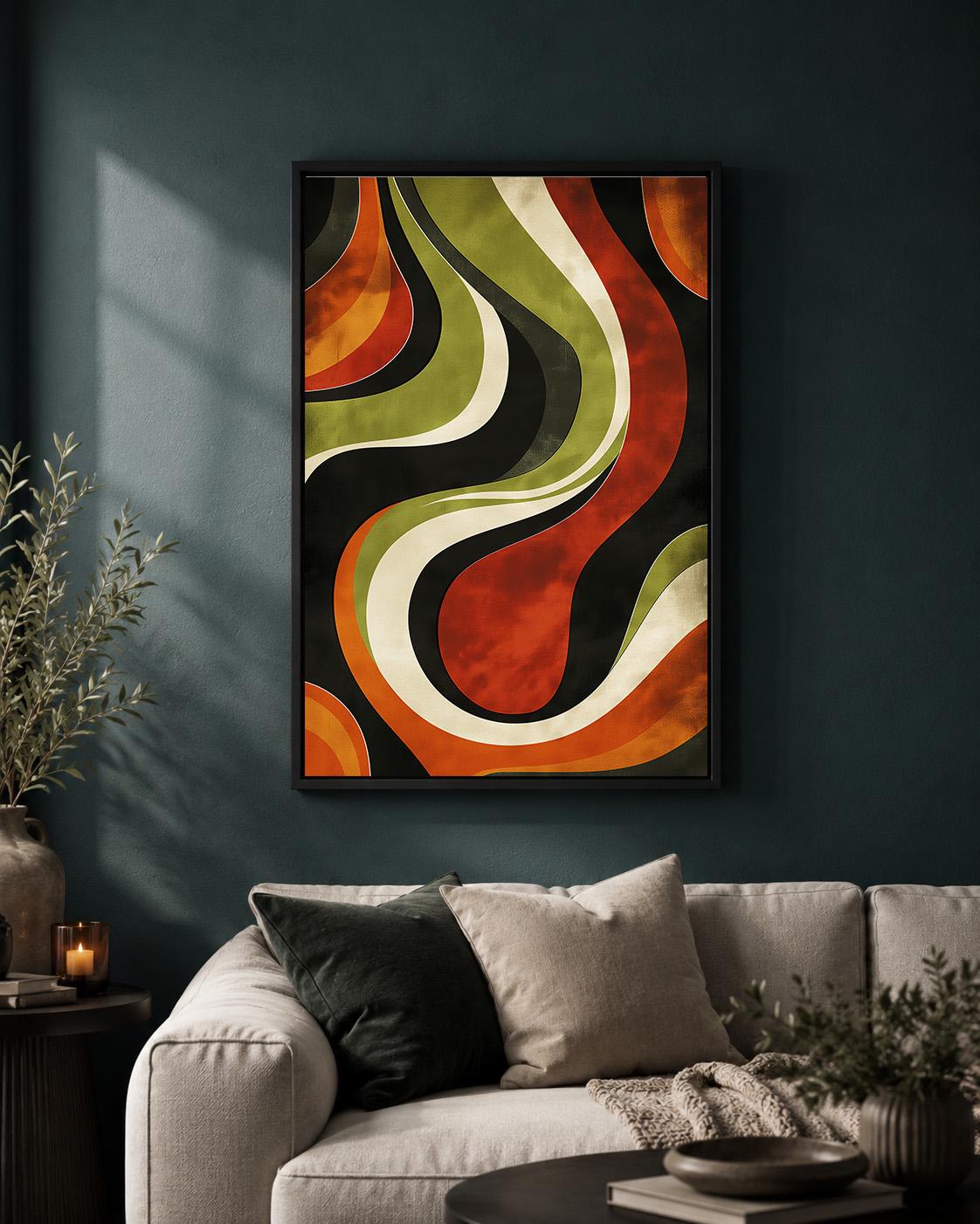 Retro Abstract Framed Canvas, Mid Century Modern Wall Art, 70s Wavy Stripe Decor by The Wall Art Studio - physical