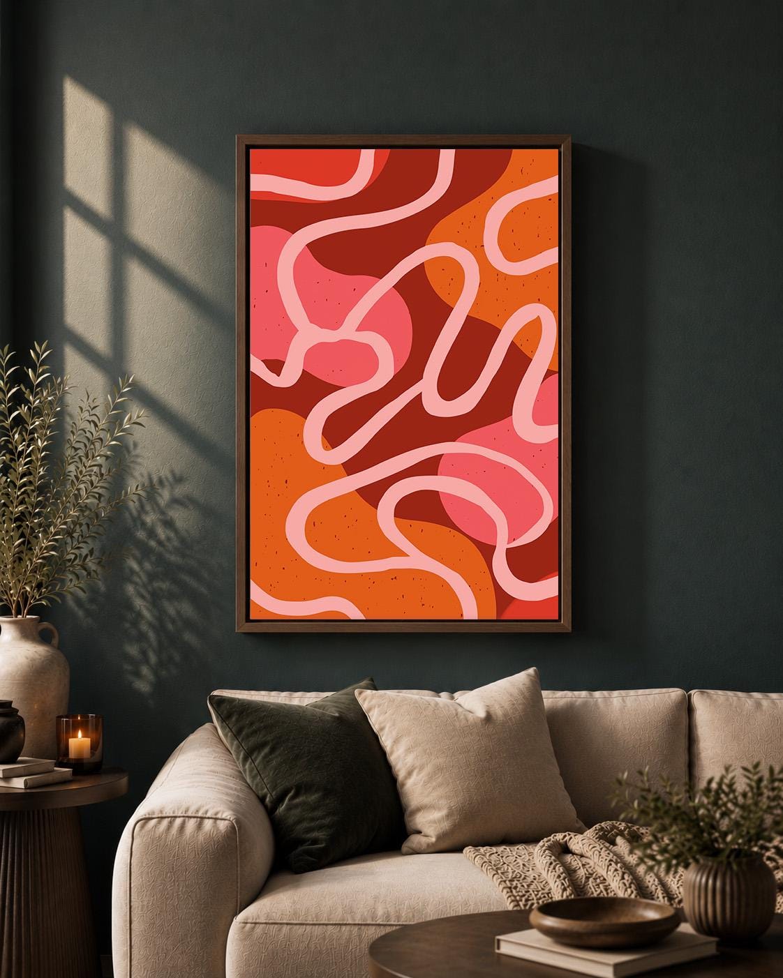 Retro Abstract Framed Canvas Print, Mid Century Modern Poster, Bold Curvy Lines Art by The Wall Art Studio - physical