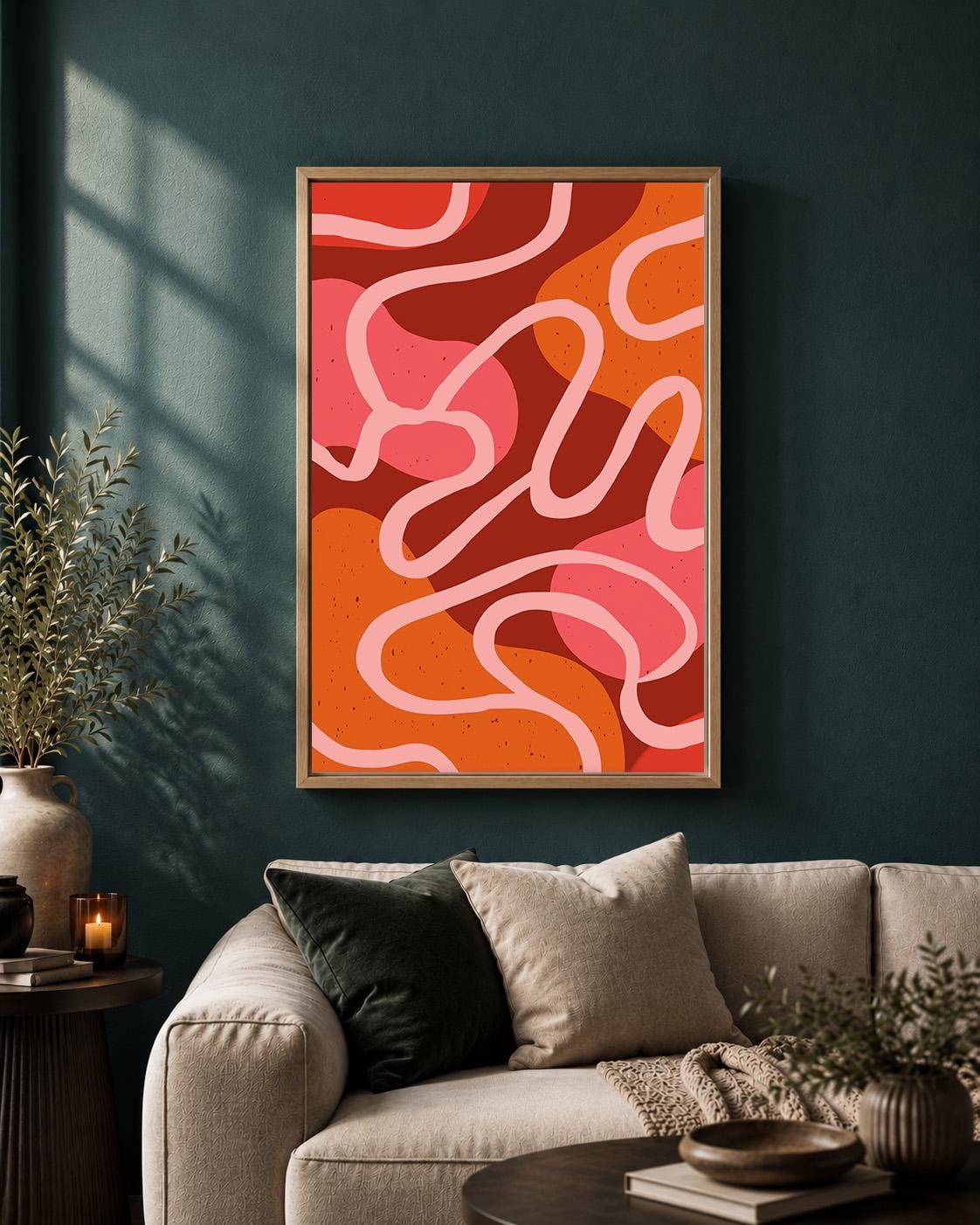 Retro Abstract Framed Canvas Print, Mid Century Modern Poster, Bold Curvy Lines Art by The Wall Art Studio - physical