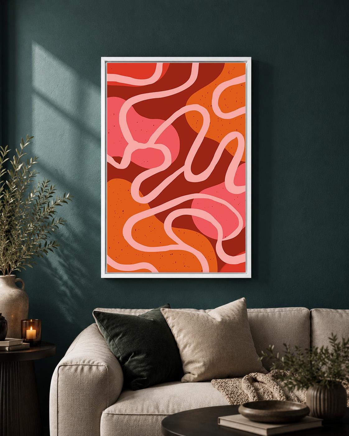 Retro Abstract Framed Canvas Print, Mid Century Modern Poster, Bold Curvy Lines Art by The Wall Art Studio - physical