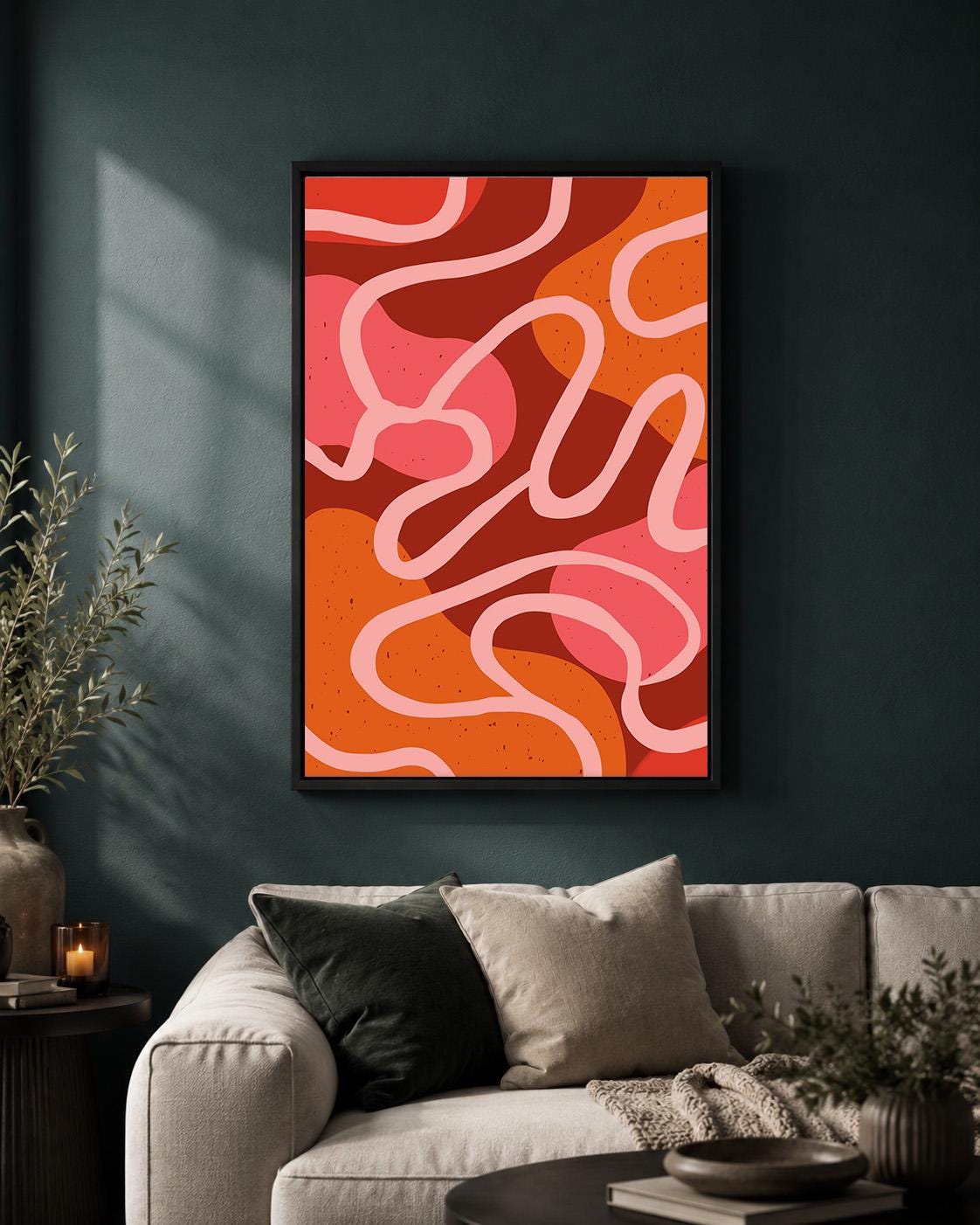 Retro Abstract Framed Canvas Print, Mid Century Modern Poster, Bold Curvy Lines Art by The Wall Art Studio - physical