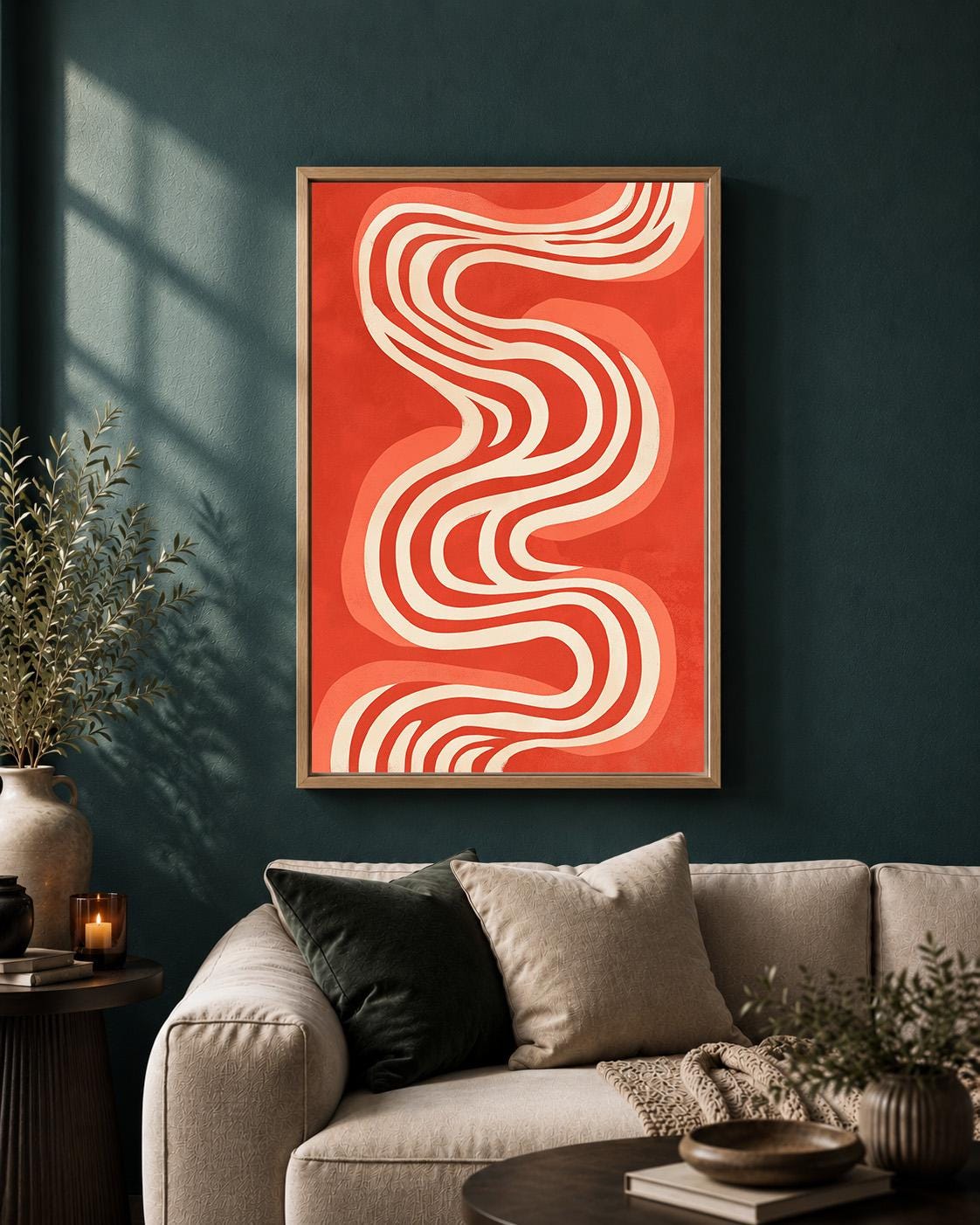 Retro Abstract Wavy Framed Canvas Art, Mid Century Modern Geometric Print, Framed Home Decor by The Wall Art Studio - phys...