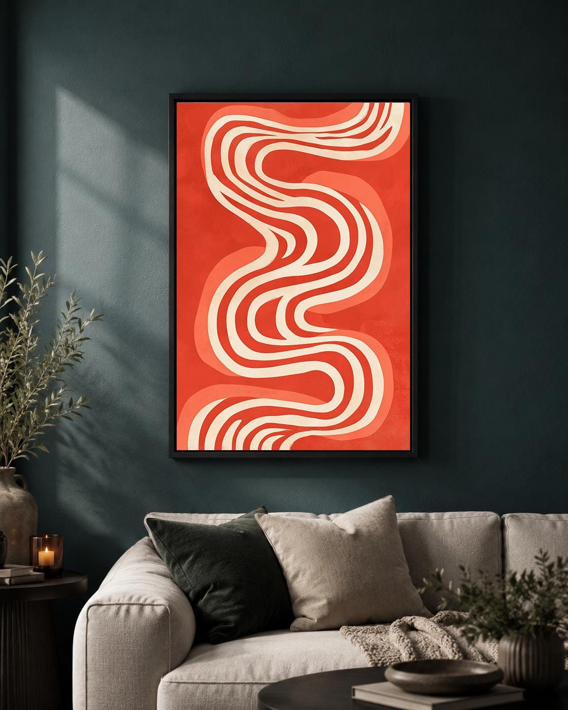 Retro Abstract Wavy Framed Canvas Art, Mid Century Modern Geometric Print, Framed Home Decor by The Wall Art Studio - phys...
