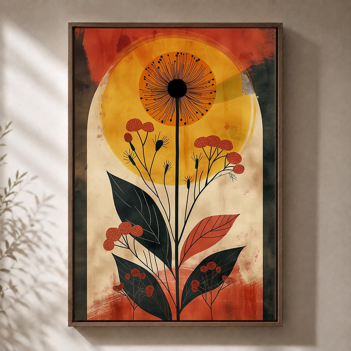 Retro Botanical Framed Canvas Art, Mid Century Floral Sun Print, Burnt Orange Nature Decor by The Wall Art Studio - physical