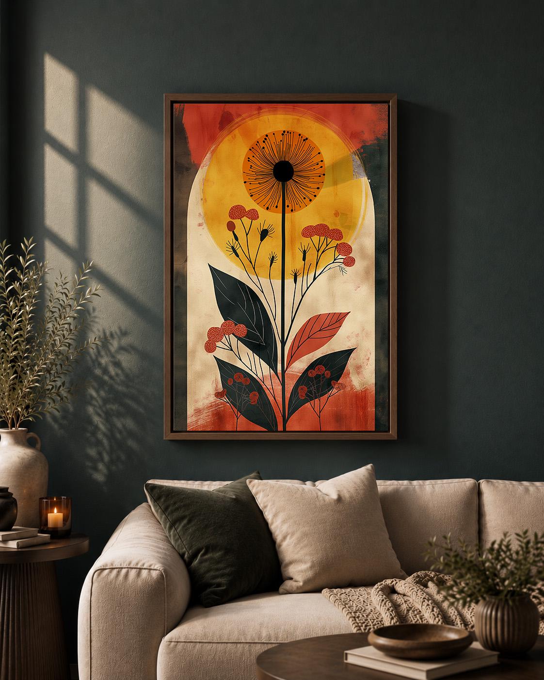 Retro Botanical Framed Canvas Art, Mid Century Floral Sun Print, Burnt Orange Nature Decor by The Wall Art Studio - physical