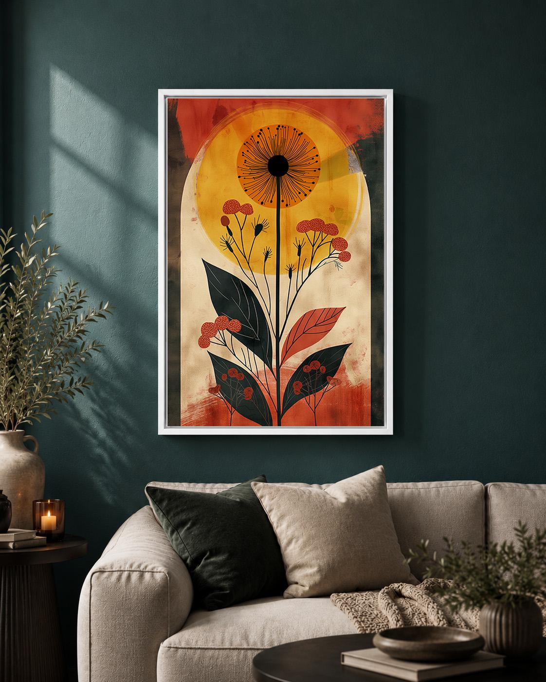Retro Botanical Framed Canvas Art, Mid Century Floral Sun Print, Burnt Orange Nature Decor by The Wall Art Studio - physical