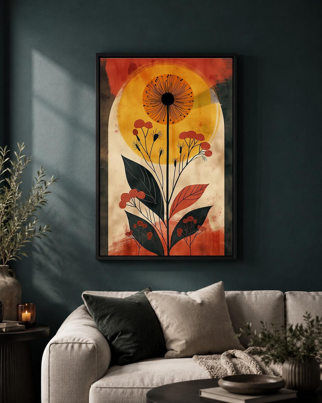 Retro Botanical Framed Canvas Art, Mid Century Floral Sun Print, Burnt Orange Nature Decor by The Wall Art Studio - physical