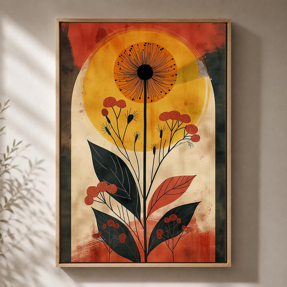 Retro Botanical Framed Canvas Art, Mid Century Floral Sun Print, Burnt Orange Nature Decor by The Wall Art Studio - physical