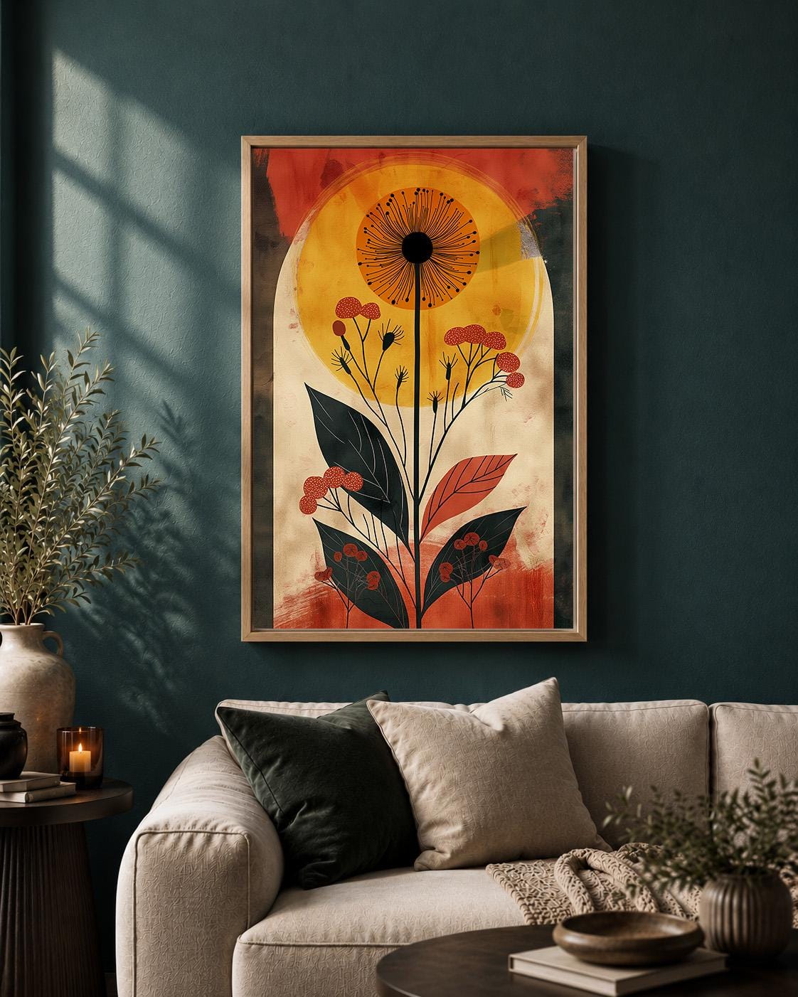 Retro Botanical Framed Canvas Art, Mid Century Floral Sun Print, Burnt Orange Nature Decor by The Wall Art Studio - physical
