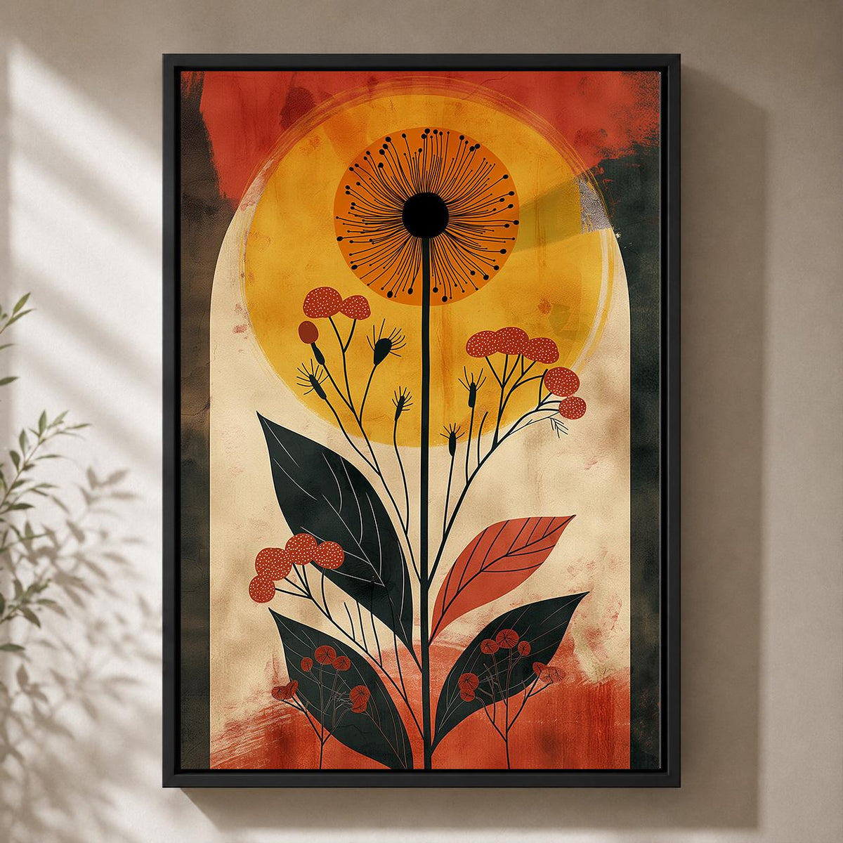 Retro Botanical Framed Canvas Art, Mid Century Floral Sun Print, Burnt Orange Nature Decor by The Wall Art Studio - physical