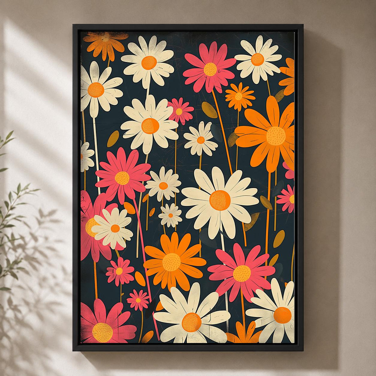 Retro Floral Framed Canvas Wall Art, 1960s Mod Daisy Print, Groovy Botanical Decor by The Wall Art Studio - physical