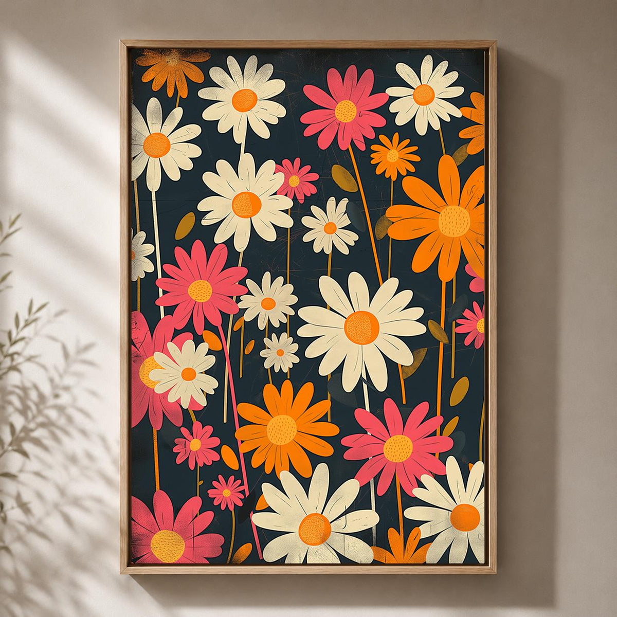 Retro Floral Framed Canvas Wall Art, 1960s Mod Daisy Print, Groovy Botanical Decor by The Wall Art Studio - physical