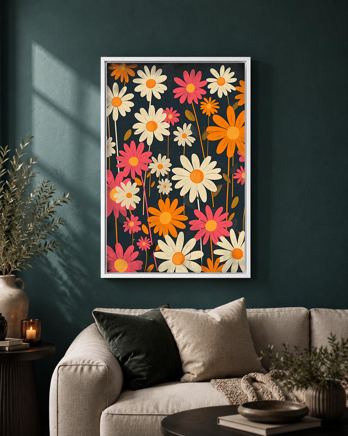 Retro Floral Framed Canvas Wall Art, 1960s Mod Daisy Print, Groovy Botanical Decor by The Wall Art Studio - physical