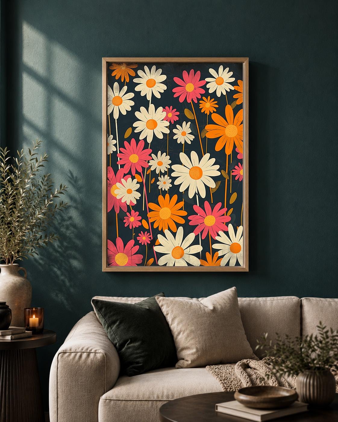 Retro Floral Framed Canvas Wall Art, 1960s Mod Daisy Print, Groovy Botanical Decor by The Wall Art Studio - physical
