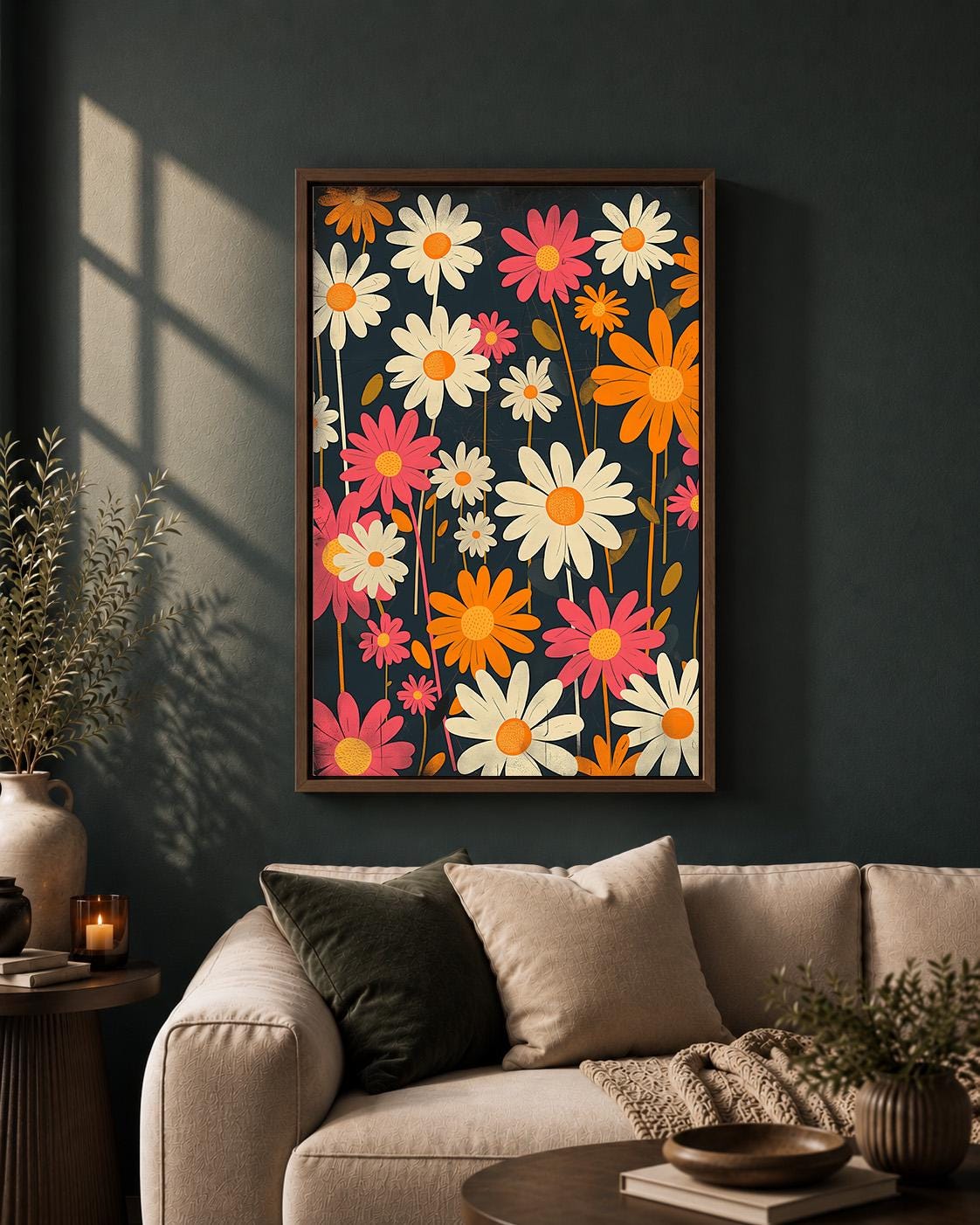Retro Floral Framed Canvas Wall Art, 1960s Mod Daisy Print, Groovy Botanical Decor by The Wall Art Studio - physical