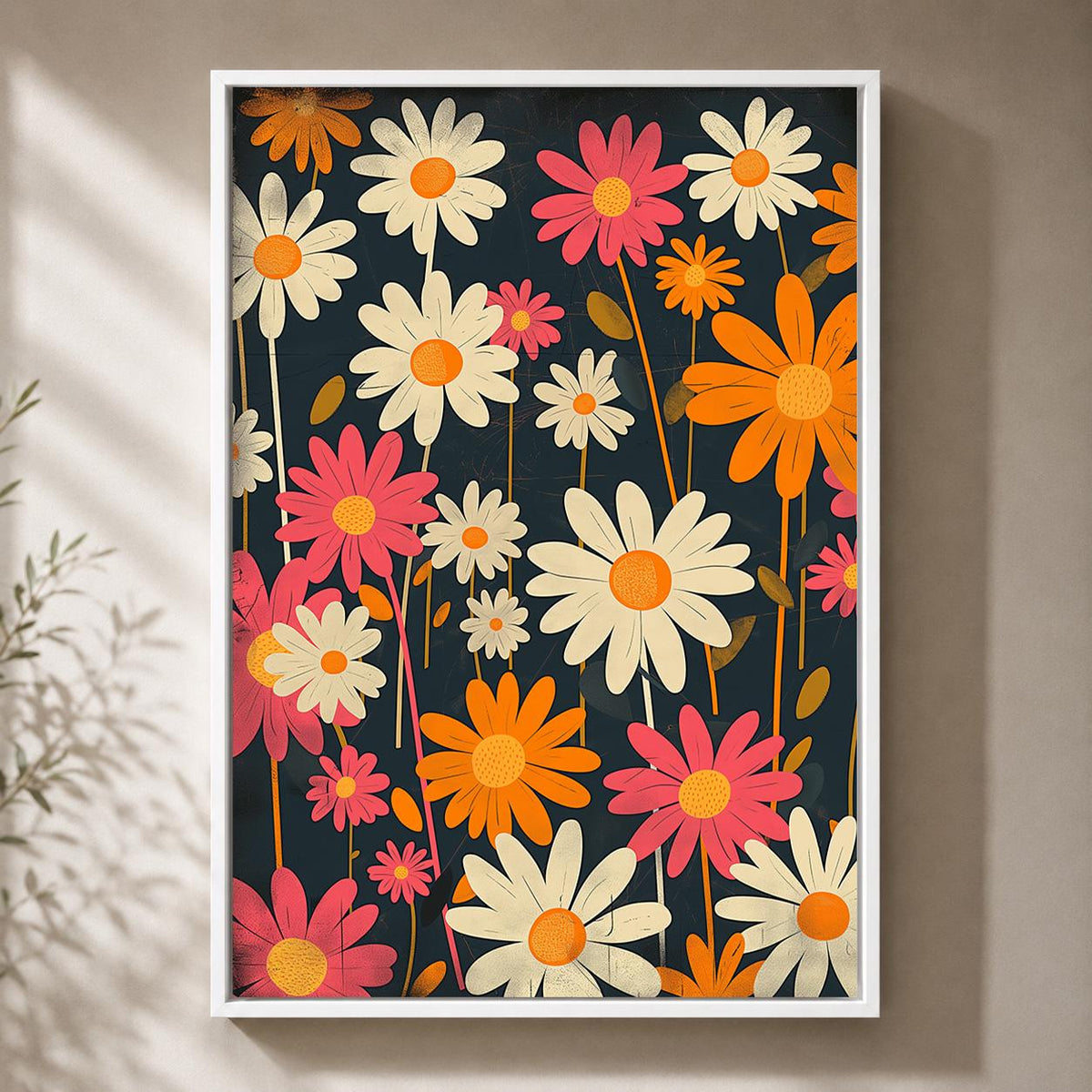 Retro Floral Framed Canvas Wall Art, 1960s Mod Daisy Print, Groovy Botanical Decor by The Wall Art Studio - physical