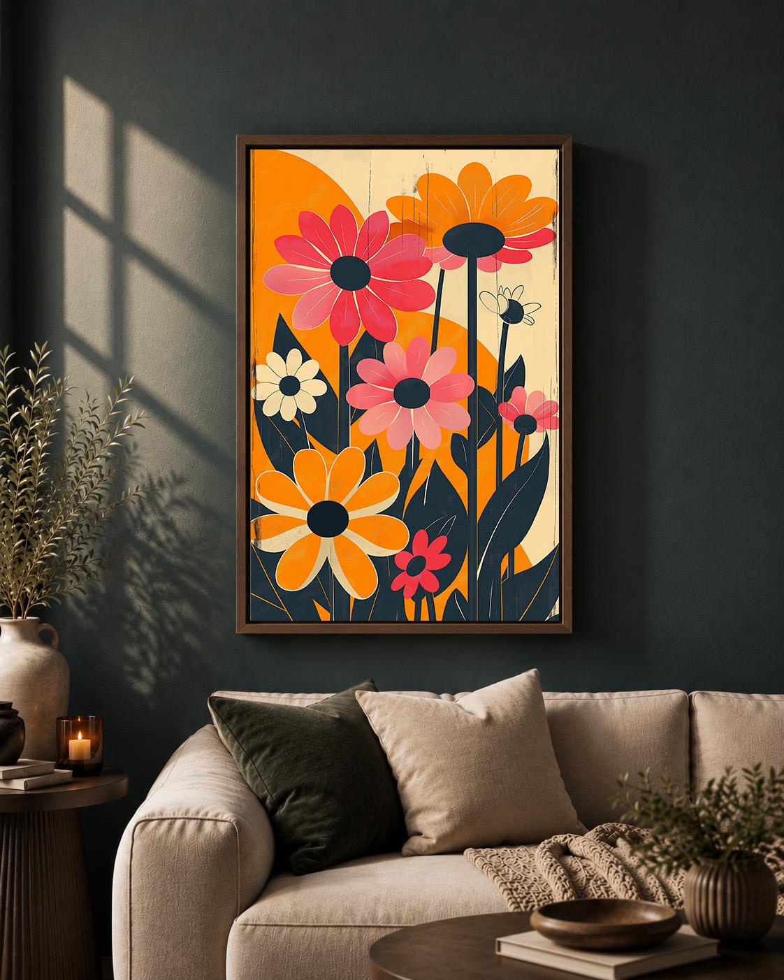 Retro Floral Framed Canvas Wall Art, 1960s Mod Daisy Print, Mid Century Botanical Decor by The Wall Art Studio - physical
