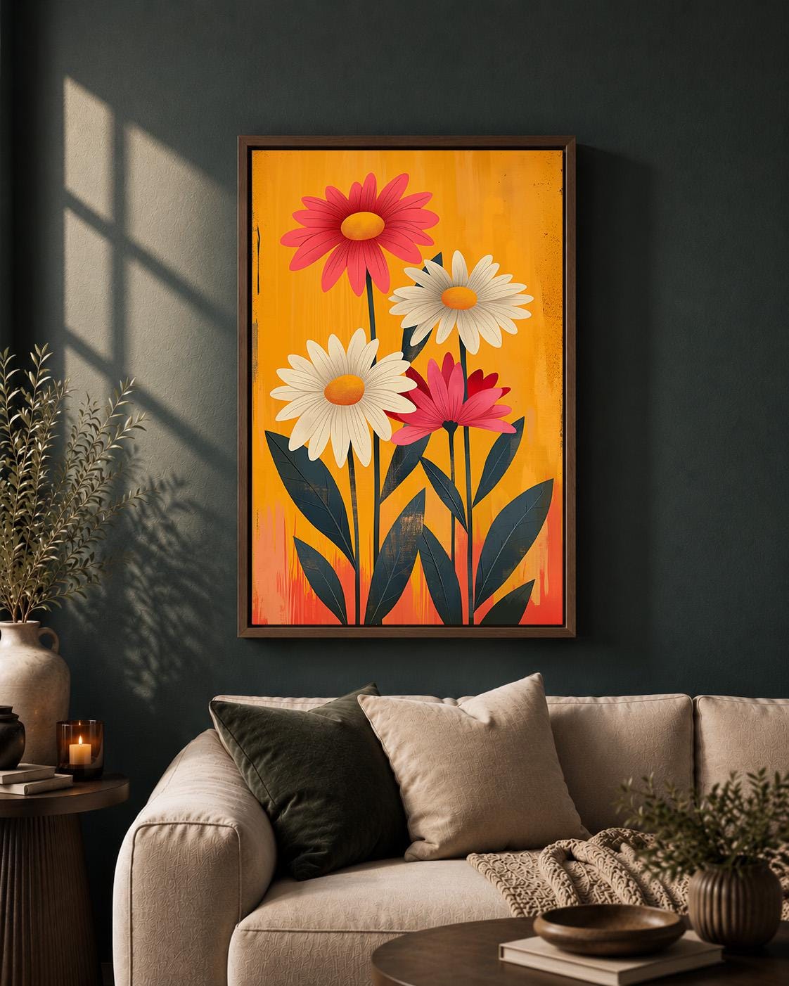 Retro Floral Framed Canvas Wall Art, 1960s Mod Daisy Print, Mid Century Botanical Decor by The Wall Art Studio - physical